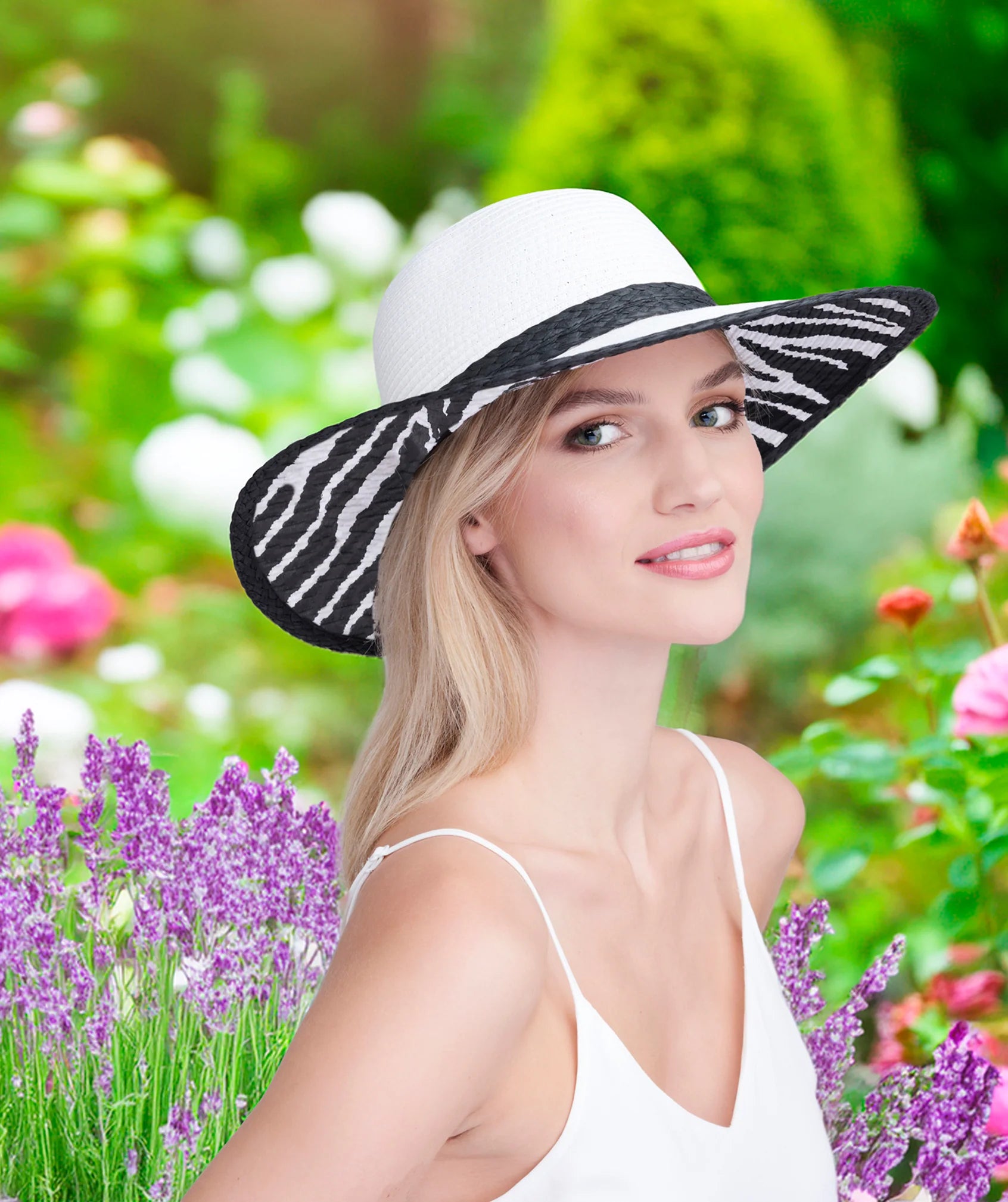 White/Black Wide Brim Hat with Zebra Print Interior