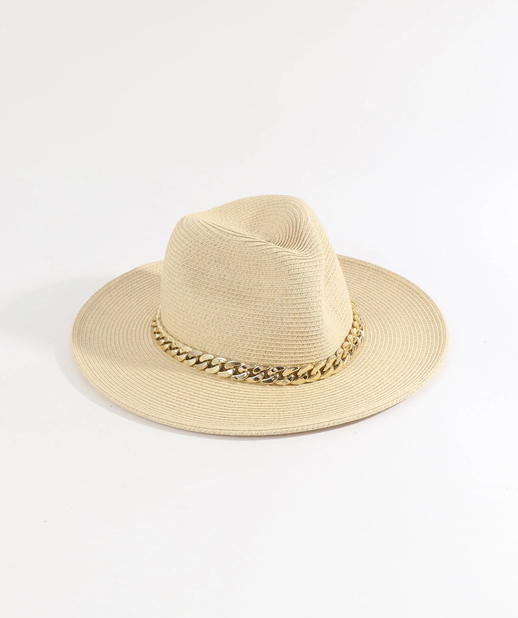 Natural Paper Straw Fedora Hat with Gold Metal Chain Embellishment