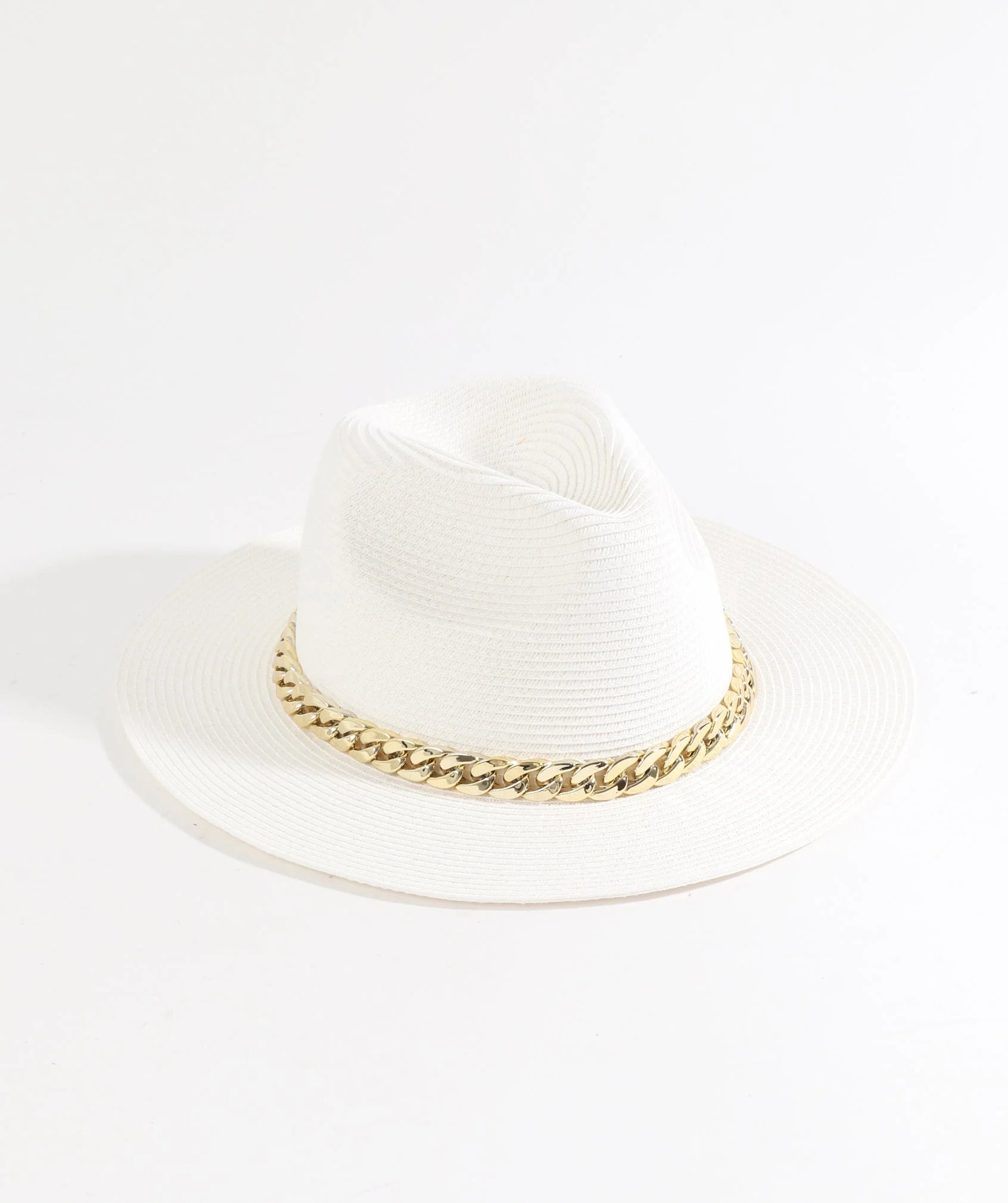 White Paper Straw Fedora with Gold Metal Chain Embellishment