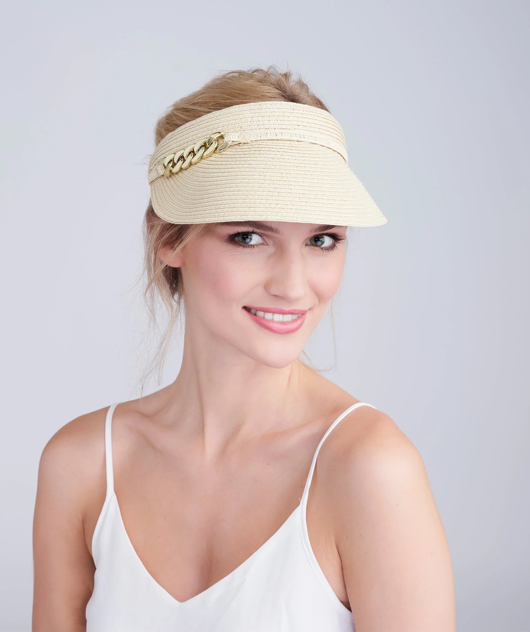 White Paper Straw Visor with Gold Metal Chain Embellishment