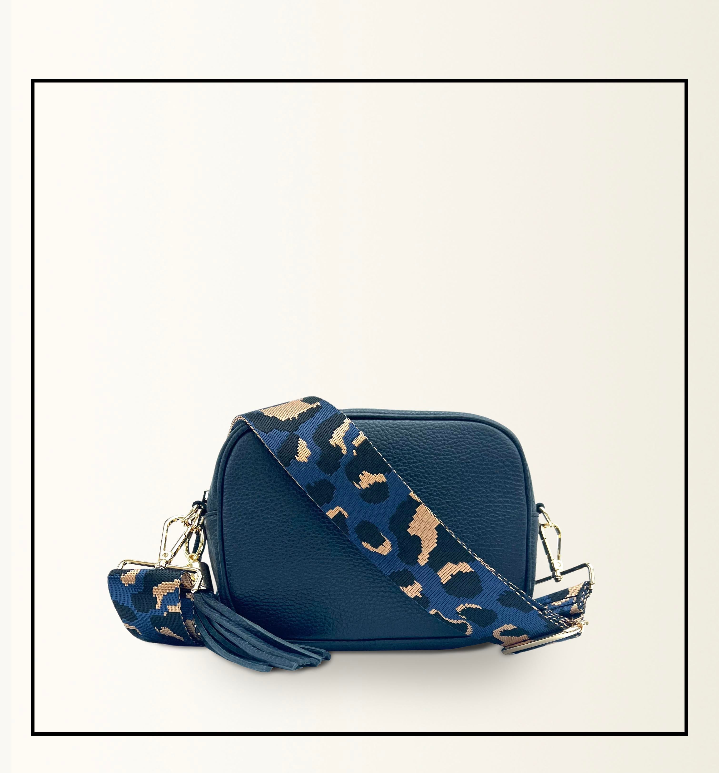 Apatchy London The Tassel Navy Leather Crossbody Bag With Grey Leopard Strap