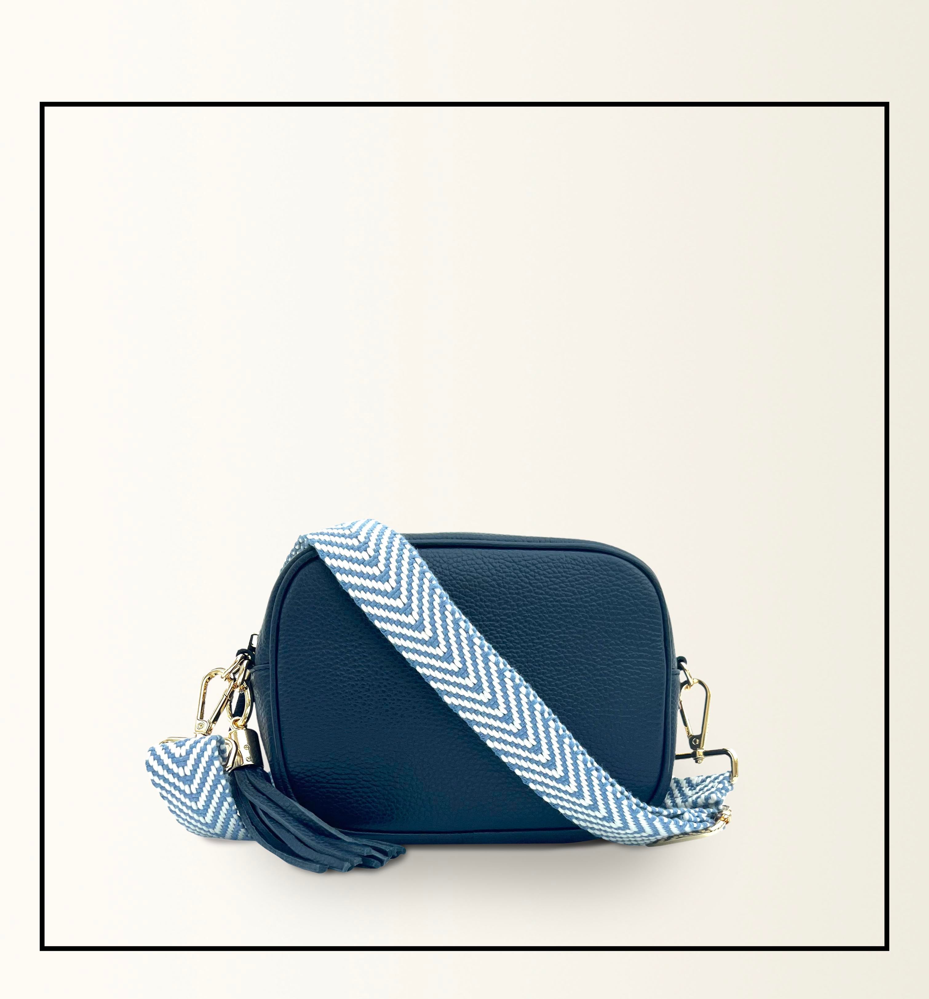 Apatchy London The Tassel Navy Leather Crossbody Bag With Denim  Chevron Strap