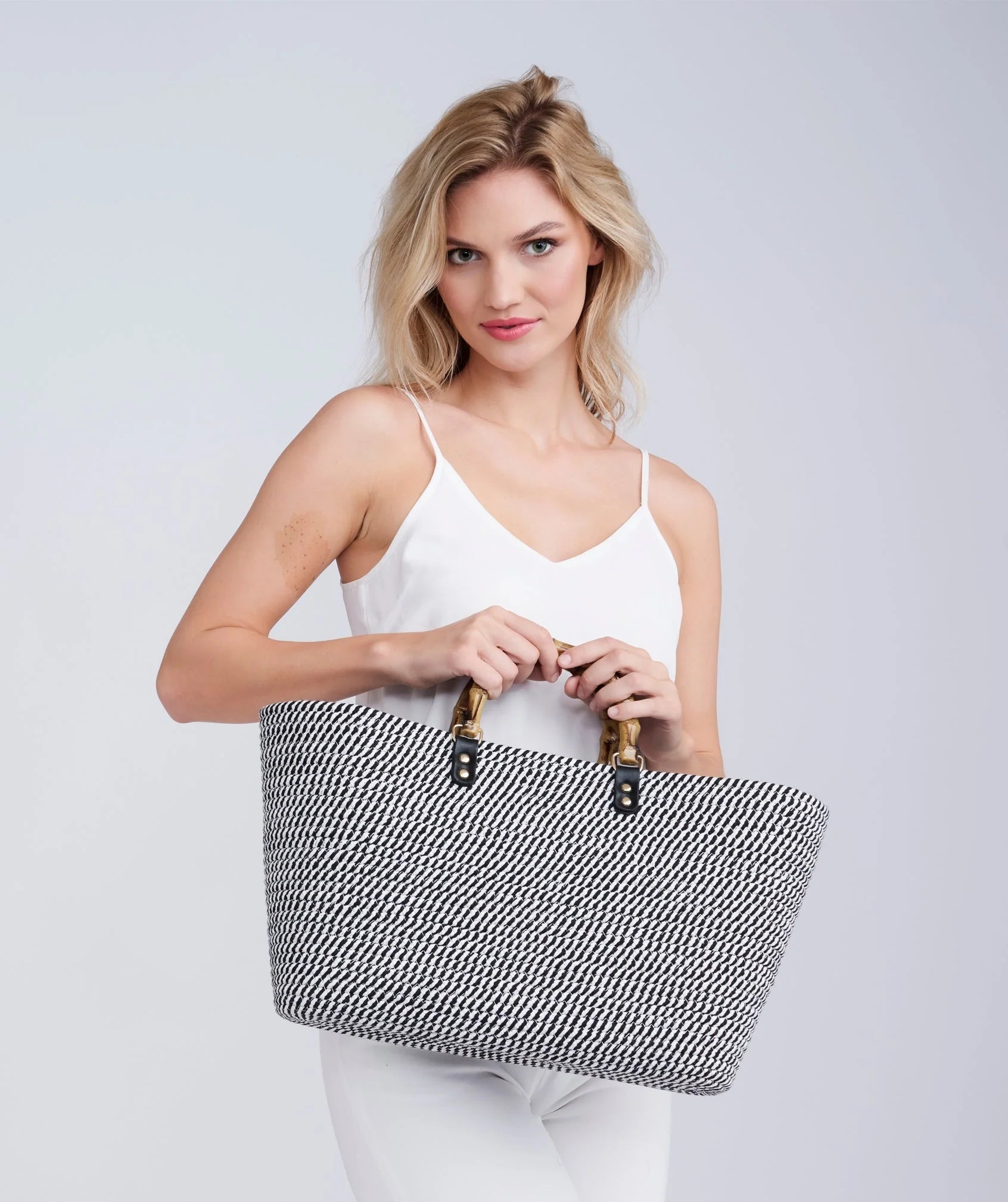 Black and White Soft Striped Tote Bag with Top Handles