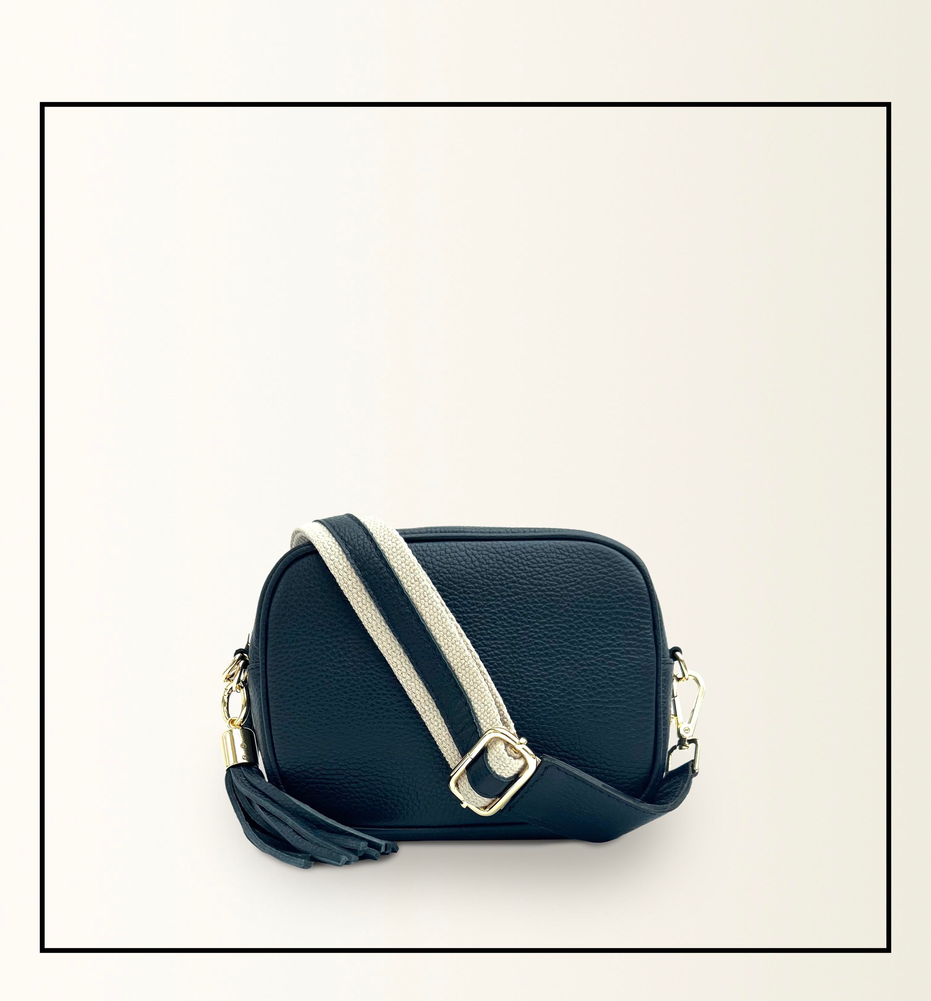 Apatchy London The Tassel Navy Leather Crossbody Bag With Leather & Canvas Strap