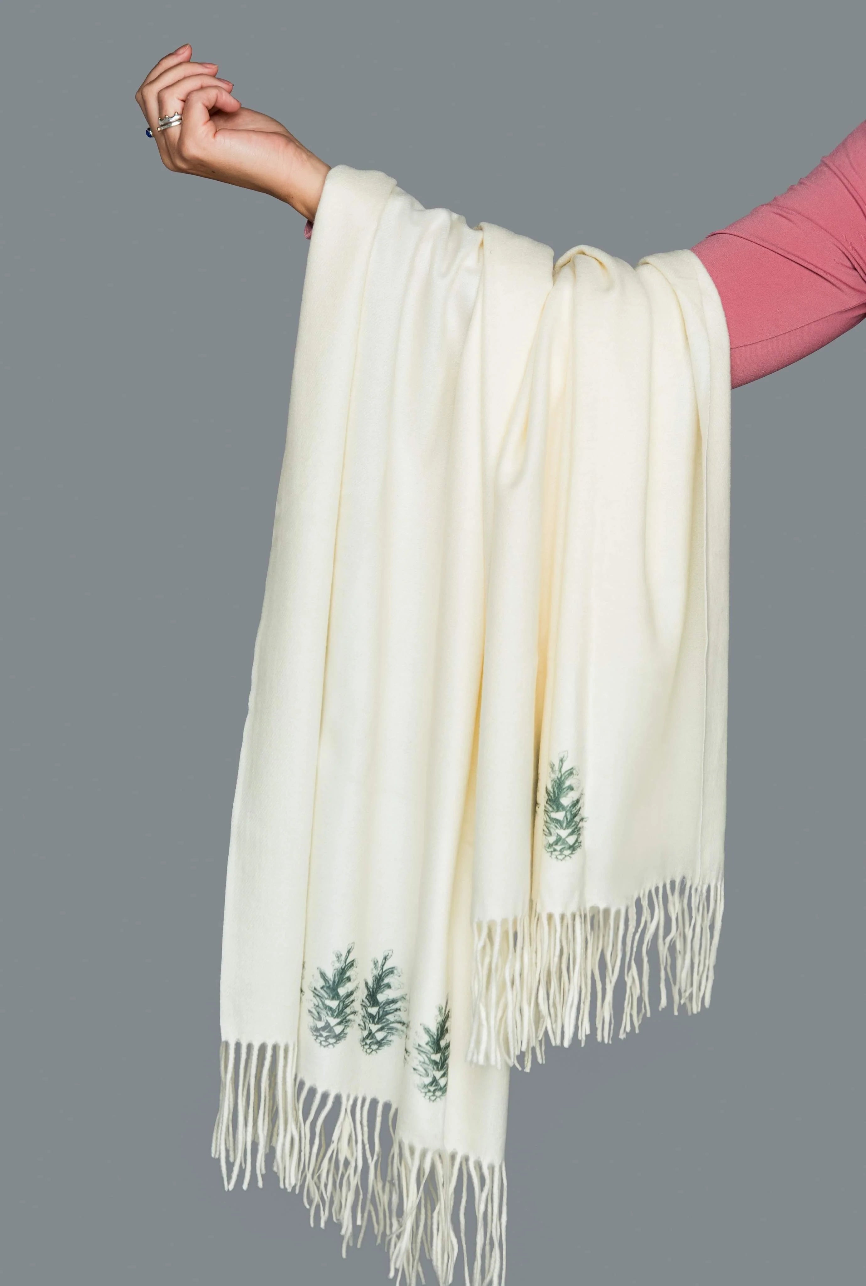 Cashmere Feel Luxury Scarf Handprinted with Pine Cones