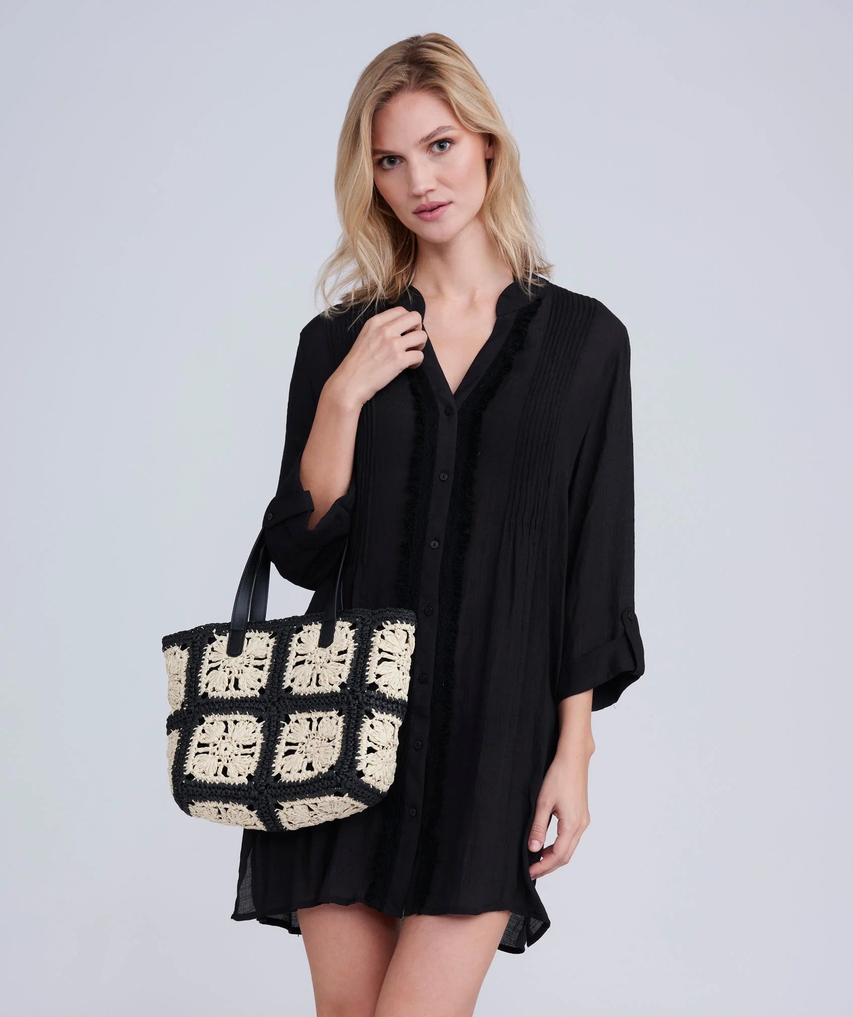 Sand/Black Floral Crochet Tote Bag with Top Handles