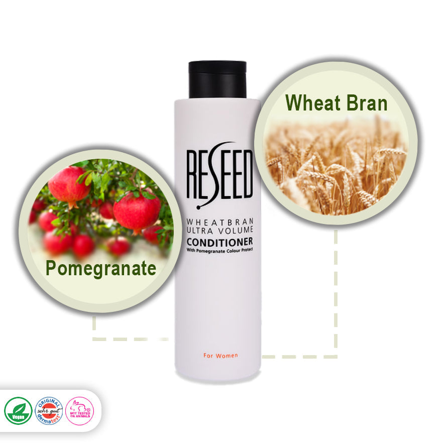 RESEED Wheat Bran Ultra Volume Conditioner for Women 250 ml - Detangles and protects dry damaged hair Enriched with amino acids to repair breakages Contains UV filters to protect against harmful UV rays Improves gloss and shine Unique elasticity properties