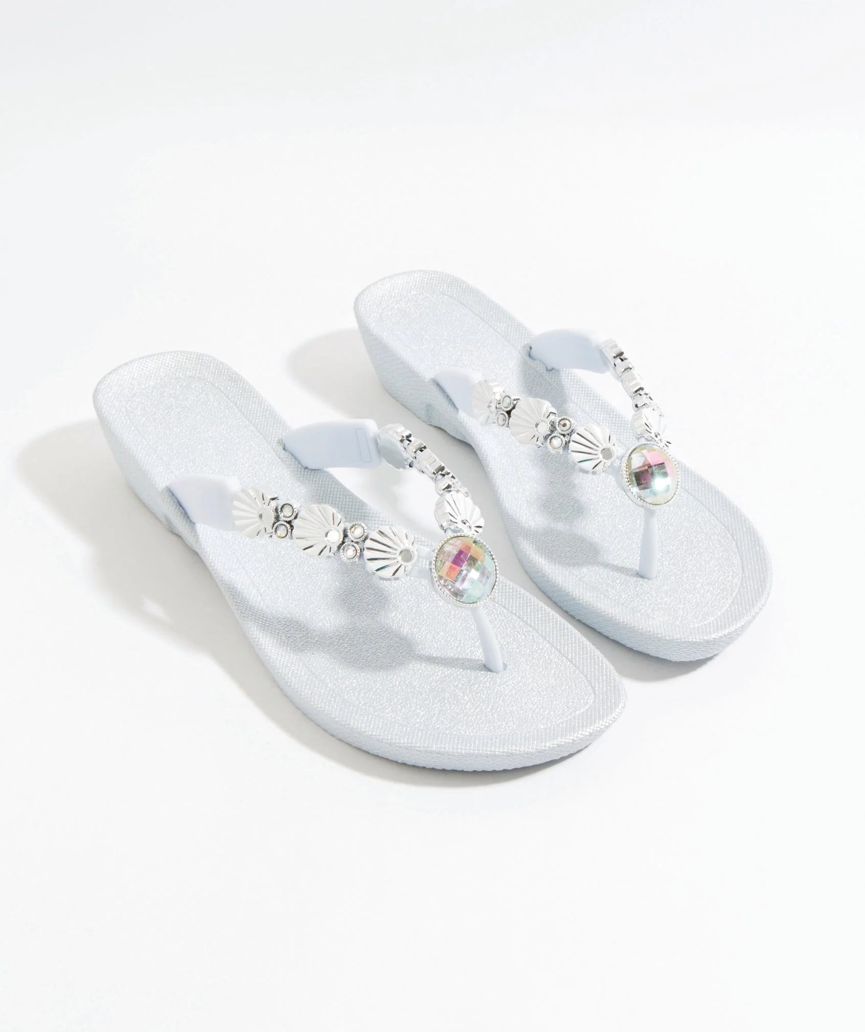 Silver Wedged Embellished Sandals with Non-Slip Sole
