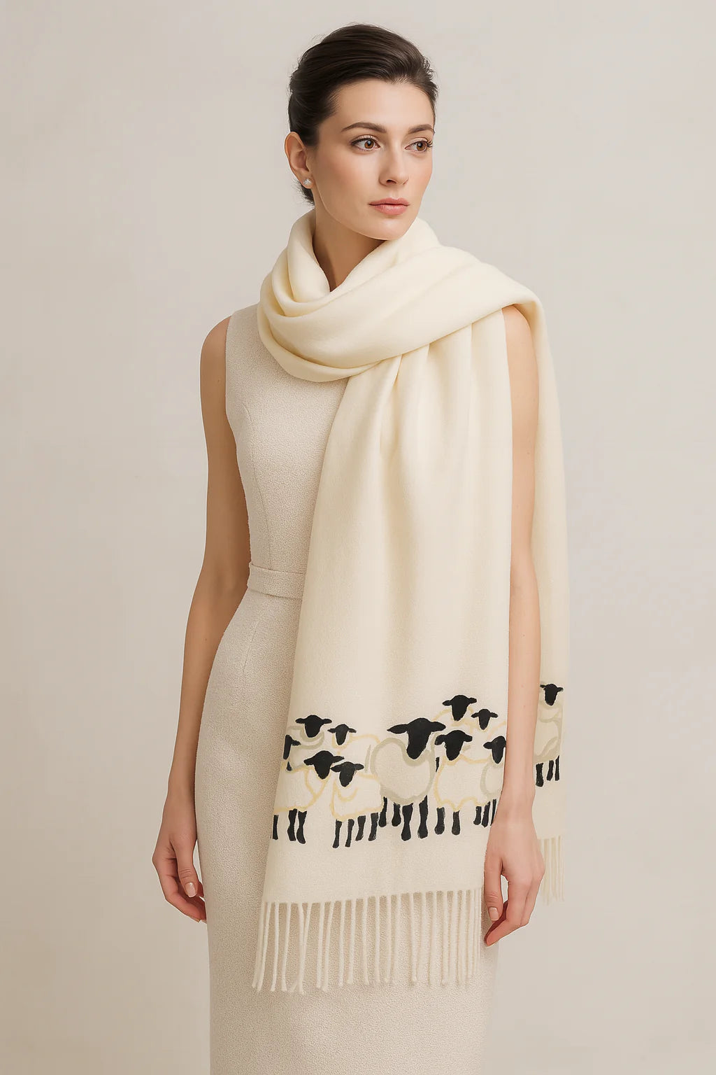 Cashmere Feel Luxury Scarf Handprinted with Sheep