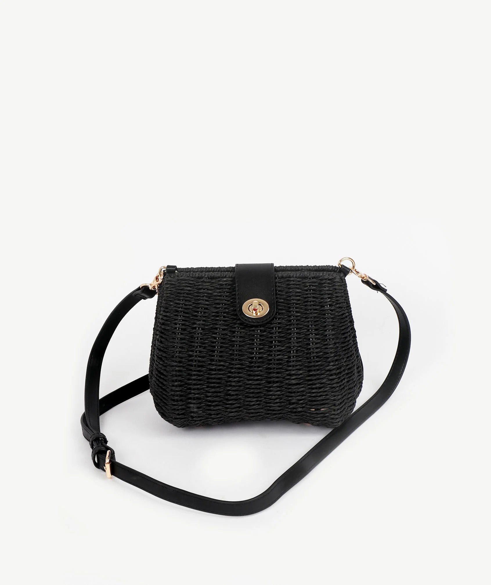White Petite Straw Handbag with Gold Hardware and Long PU Strap