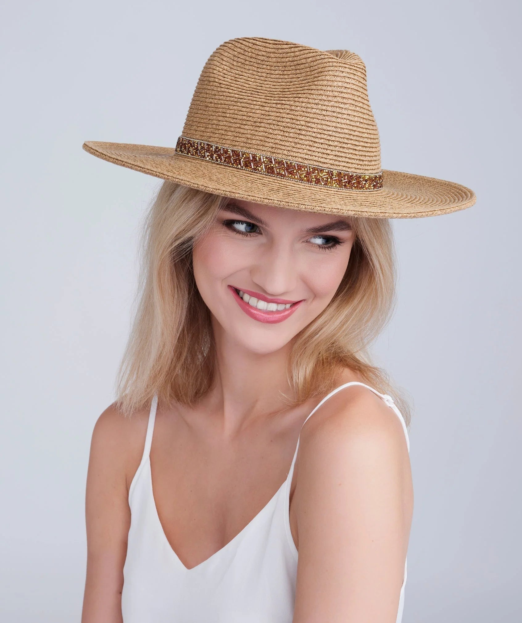 Topaz - Woven Straw Beaded Fedora Hat