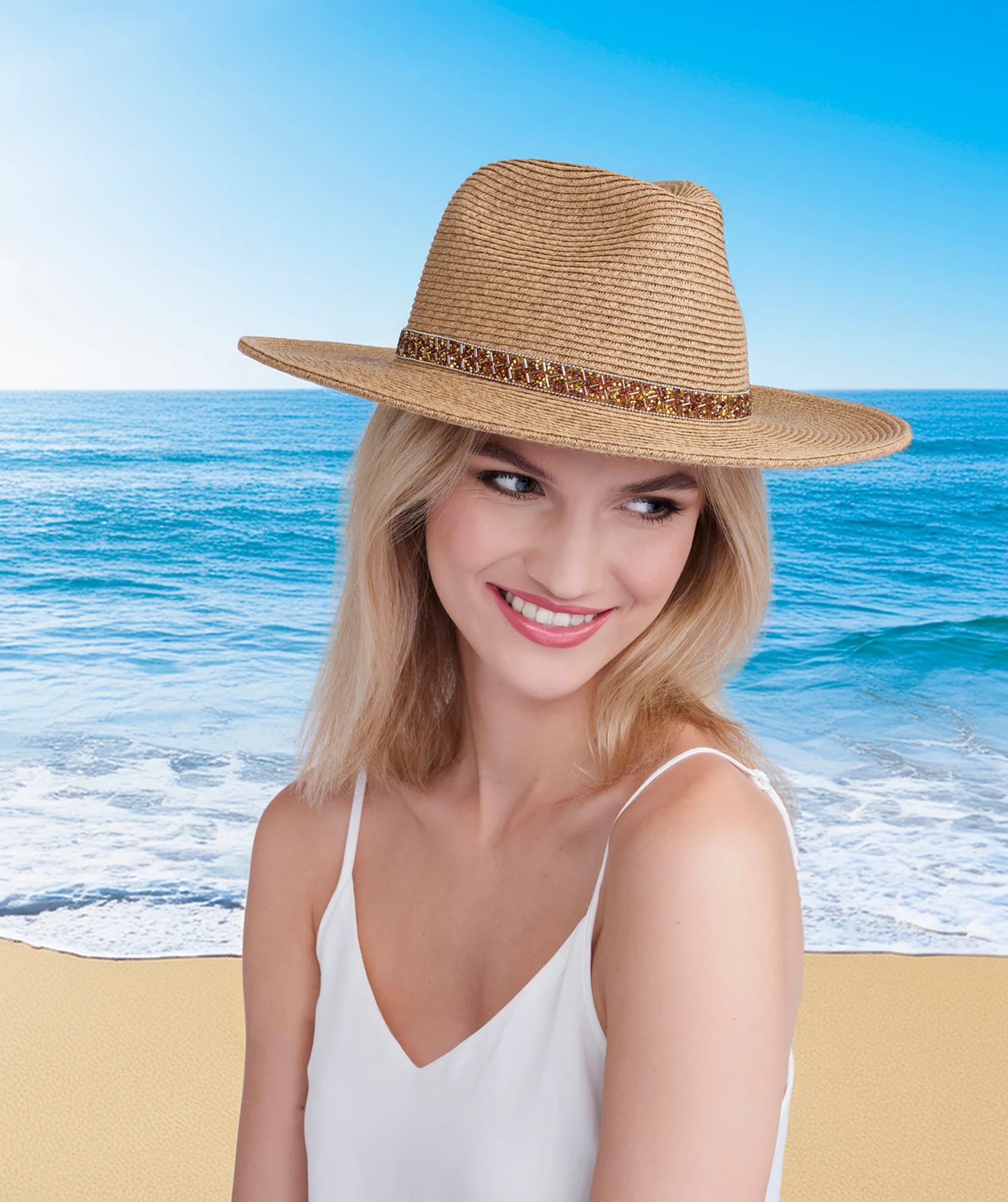 Tan Beach Fedora Hat with Bead Embellished Trim