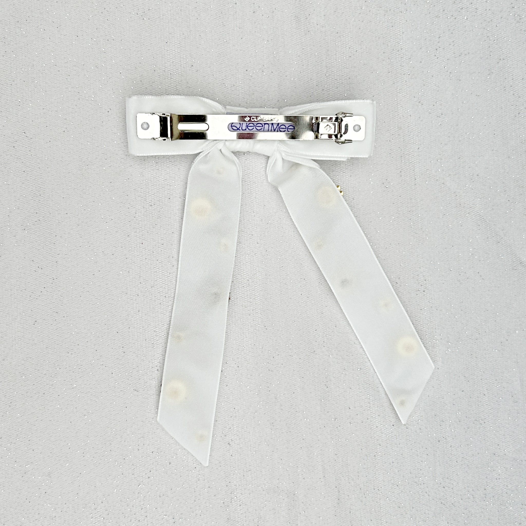 QueenMee Velvet Bow Hair Clip in White with Jewels