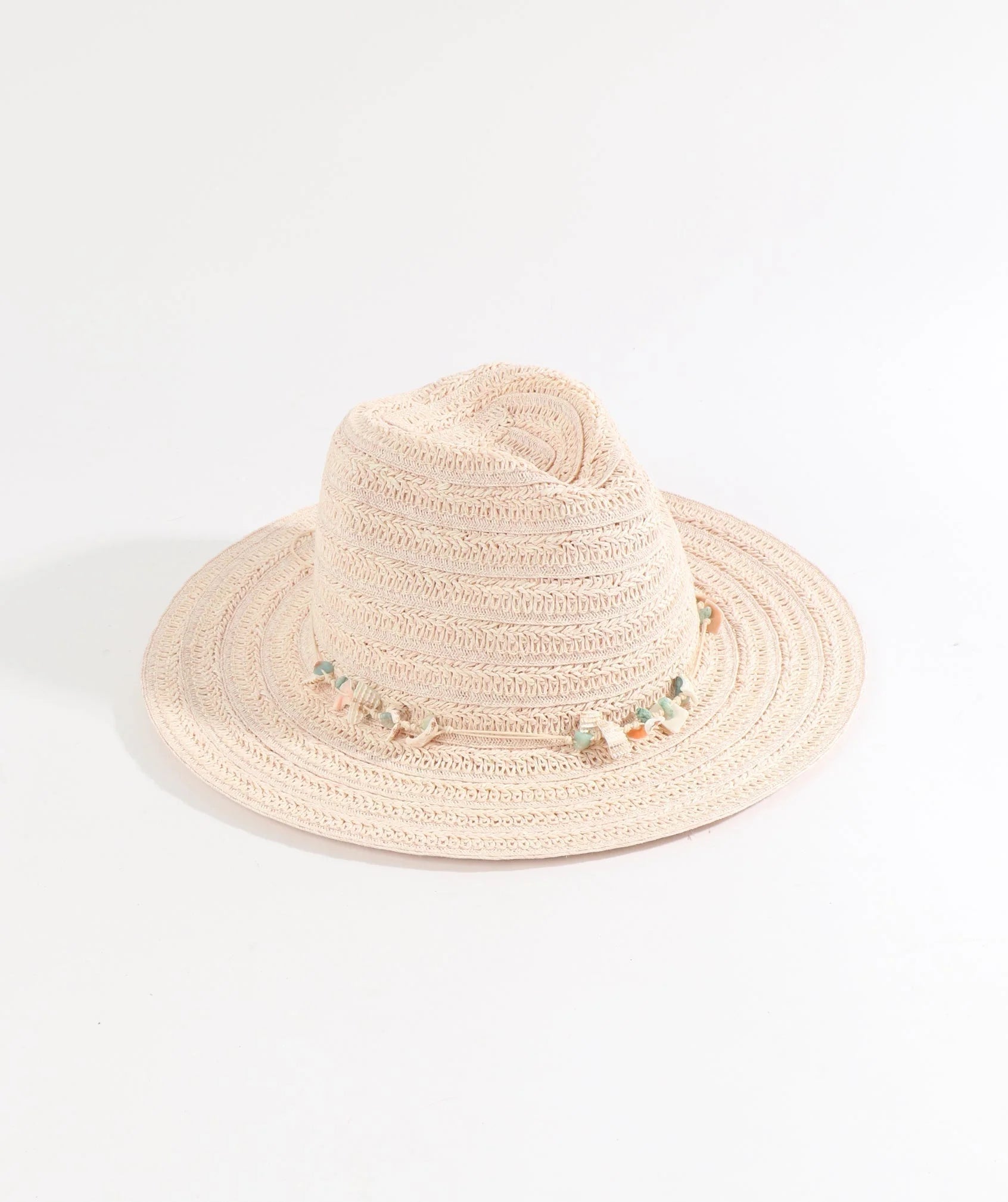 Blush Paper Straw Fedora Hat with Shell Bead Embellishment