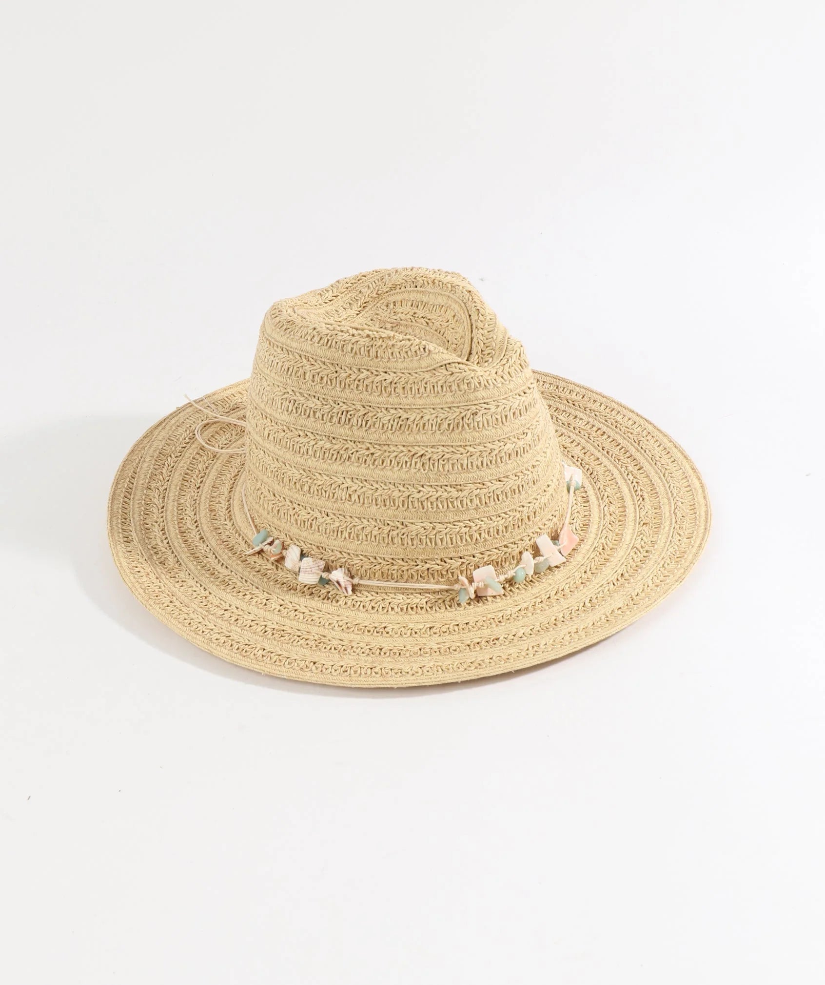 Natural Paper Straw Fedora Hat with Shell Bead Embellishment