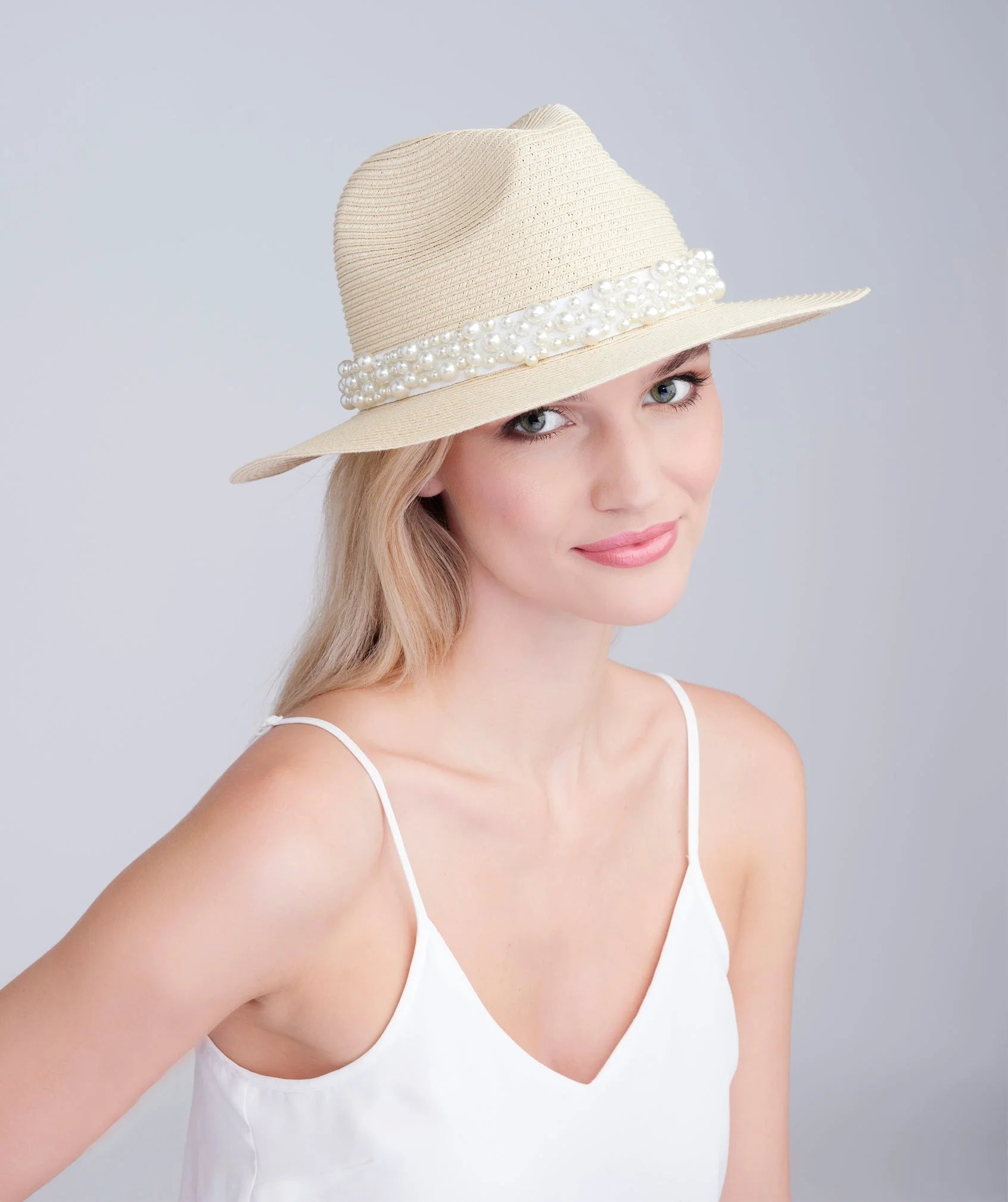Verity - Pearl Trim Straw Fedora