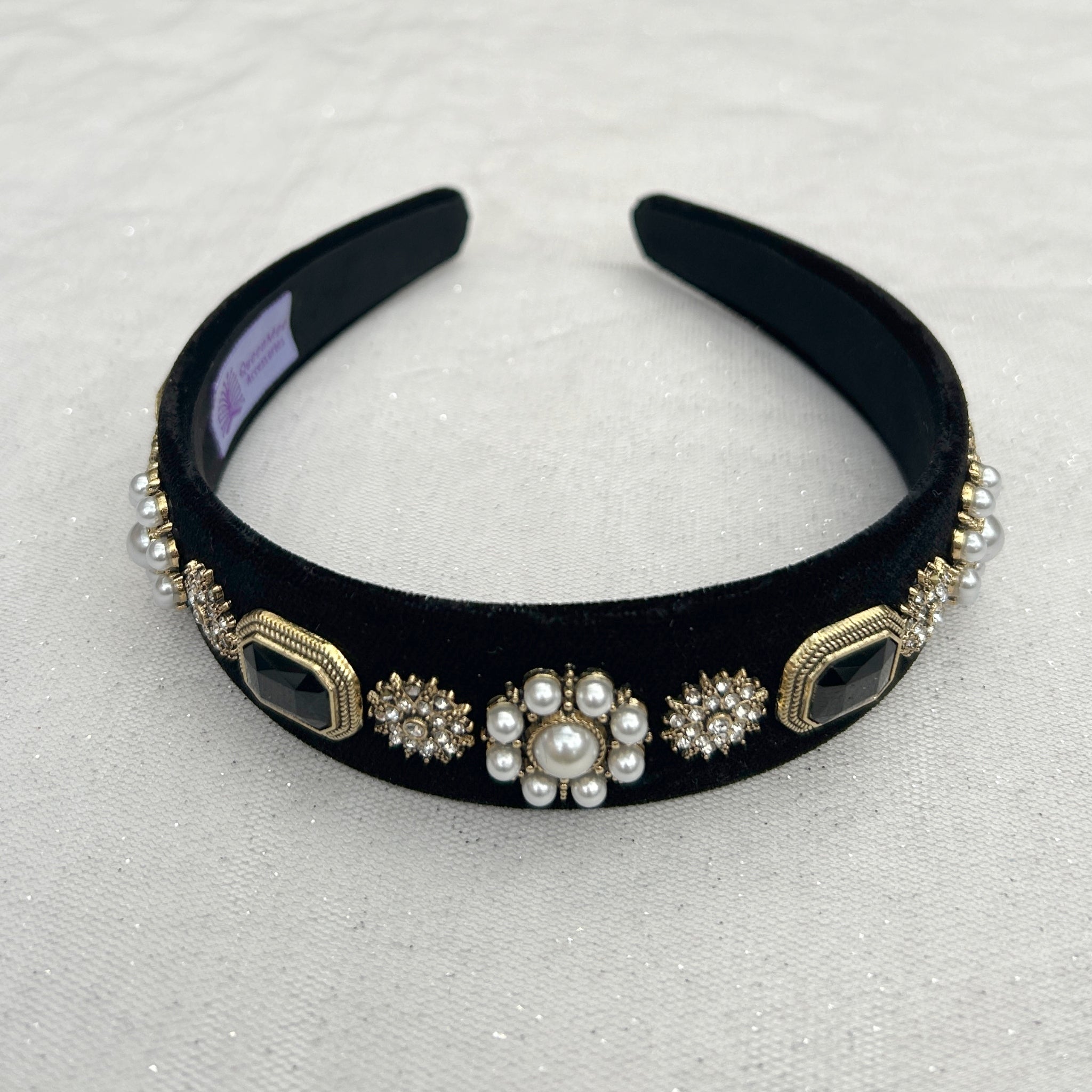 QueenMee Black Pearl Headband Velvet Hair Band