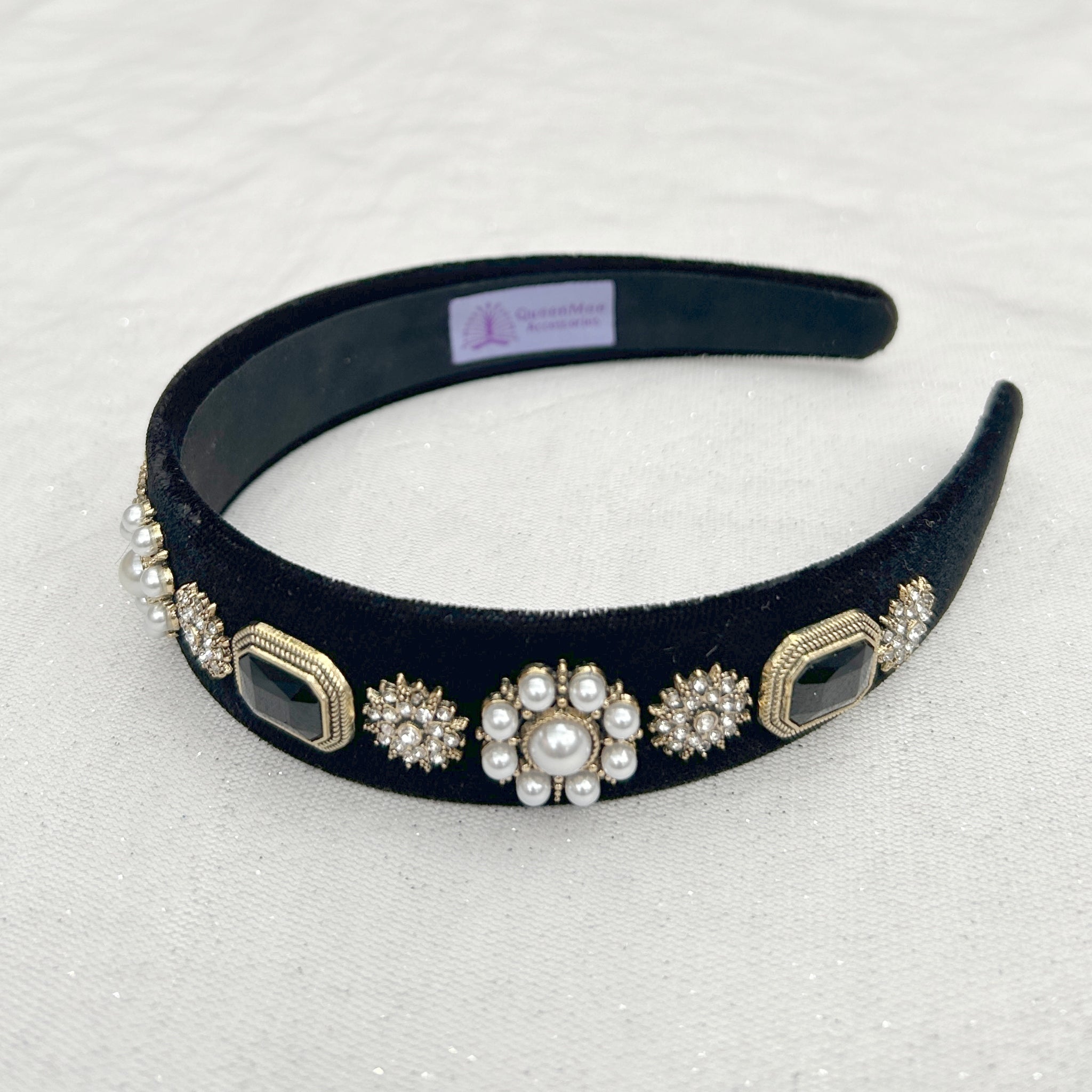 QueenMee Black Pearl Headband Velvet Hair Band