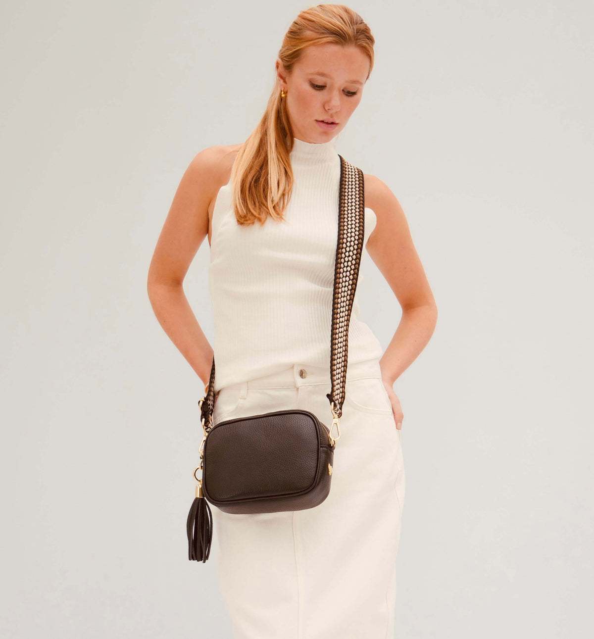 Apatchy London The Tassel Black Leather Crossbody Bag With Cappuccino Dots Strap