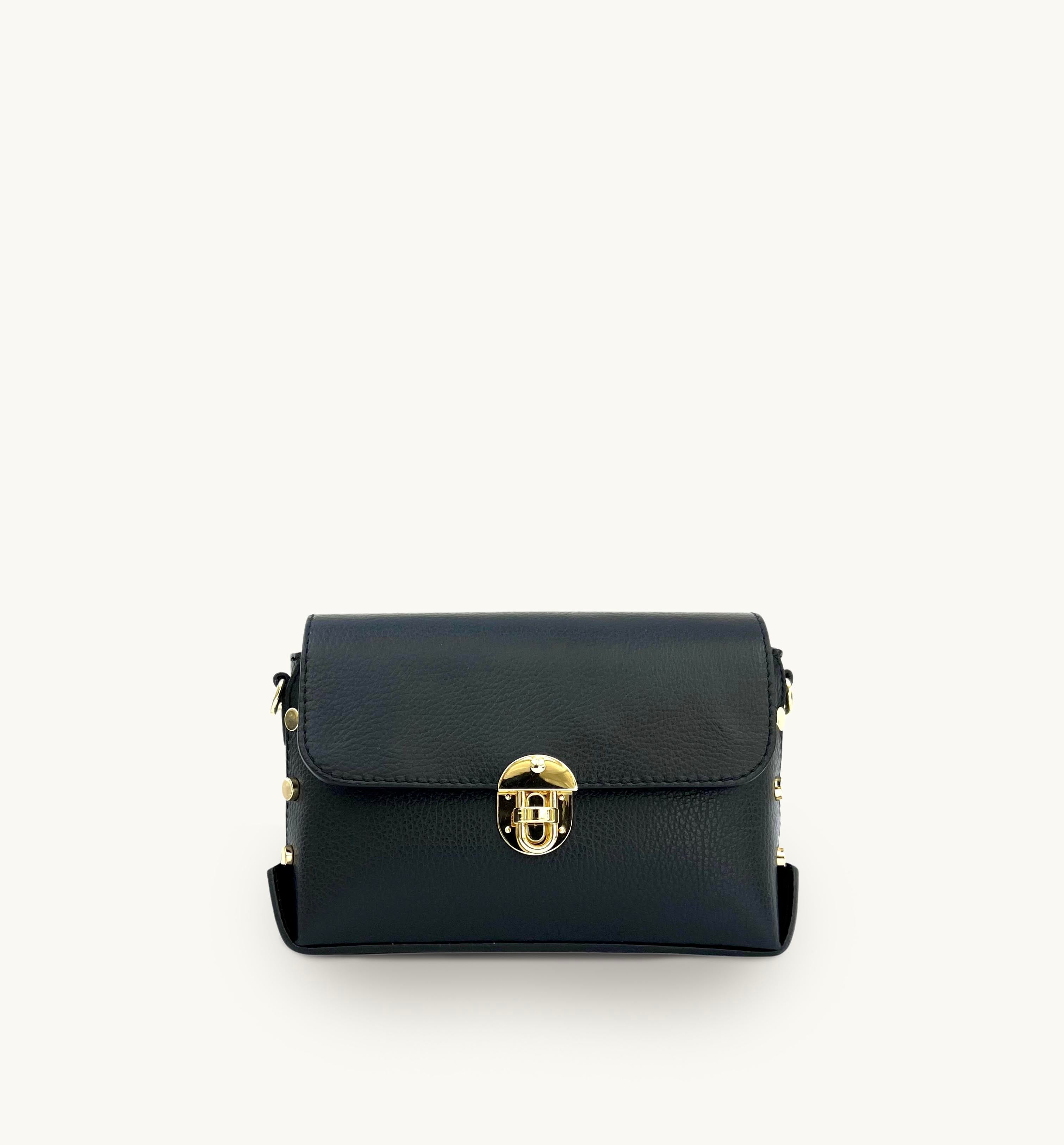 Apatchy London The Bloxsome Black Leather Crossbody Bag With Black & Gold Chevron Strap