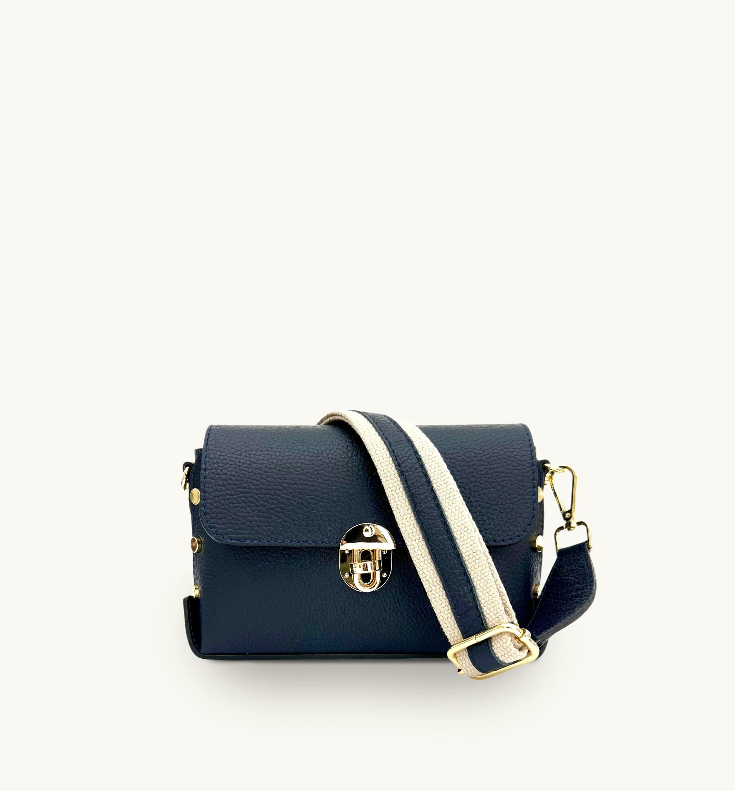 Apatchy London The Bloxsome Navy Leather Crossbody Bag With Canvas Strap