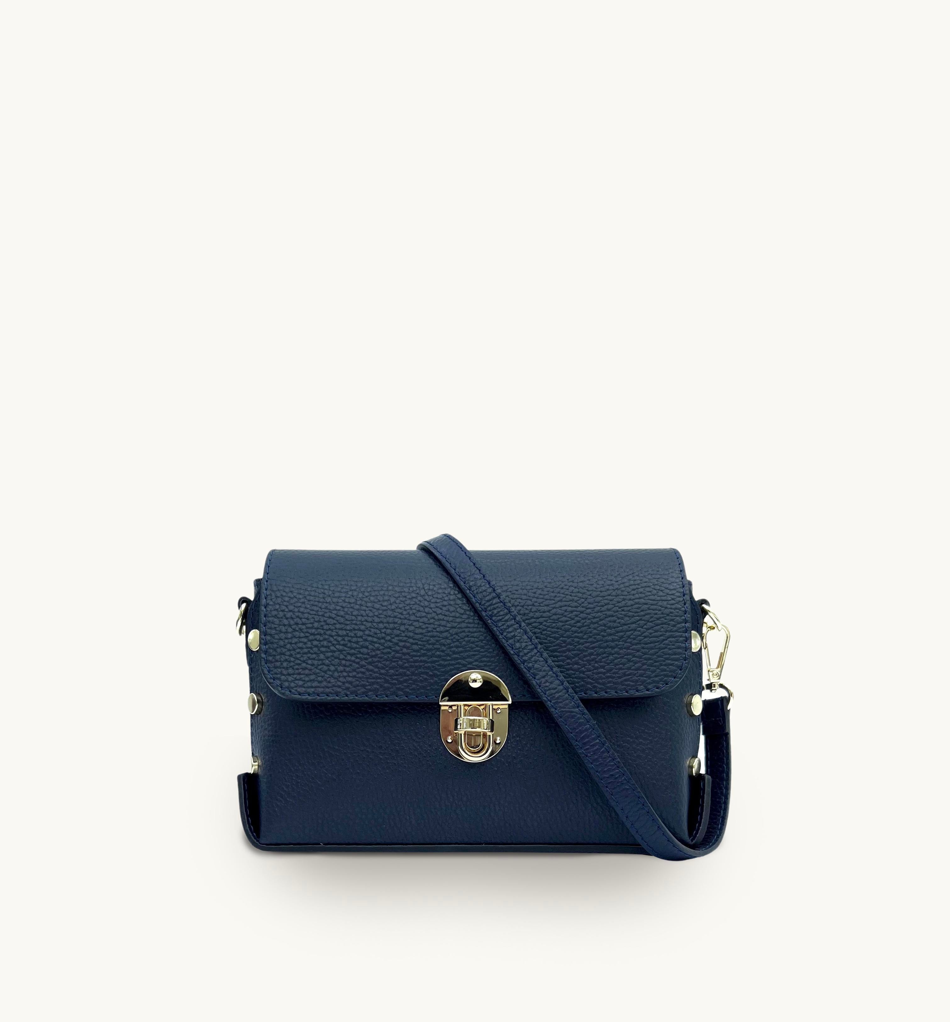 Apatchy London The Bloxsome Navy Leather Crossbody Bag With Canvas Strap