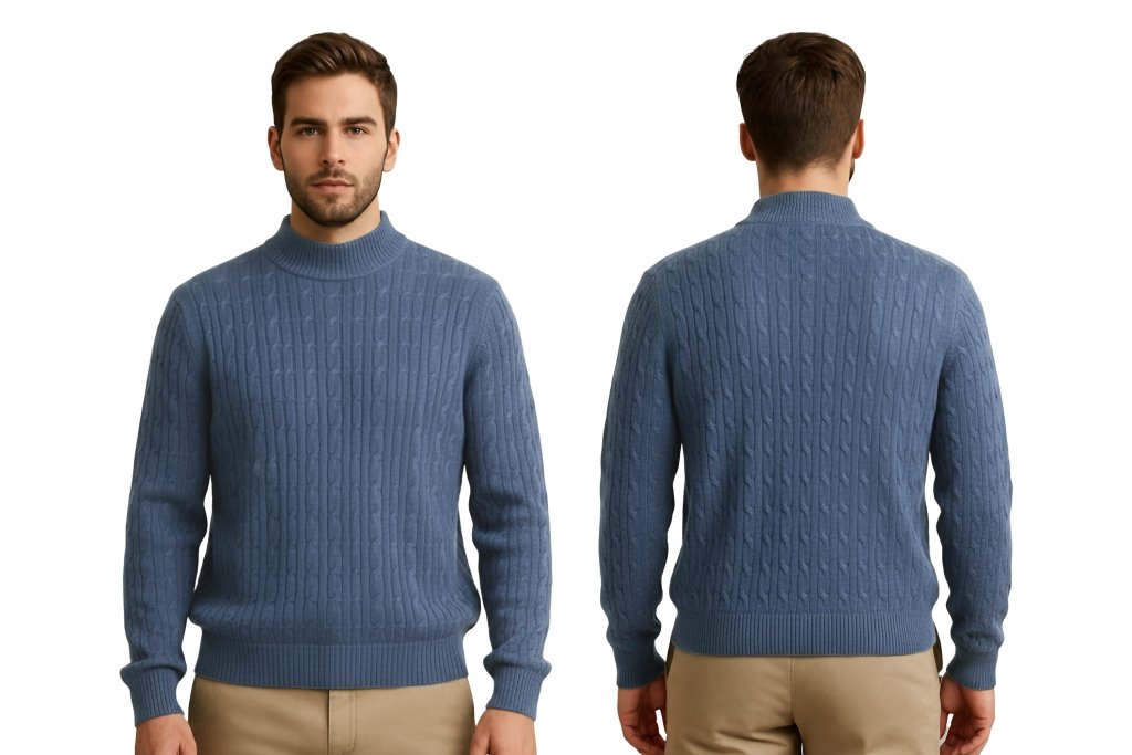 Cashmere Polo Club Beckham Men’s Mock Neck Pullover Allover Cable Knit - 100% Cashmere - Fragrance London