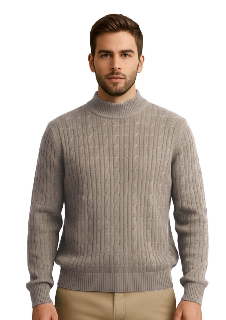Cashmere Polo Club Beckham Men’s Mock Neck Pullover Allover Cable Knit Eco Stone - 100% Cashmere - Fragrance London