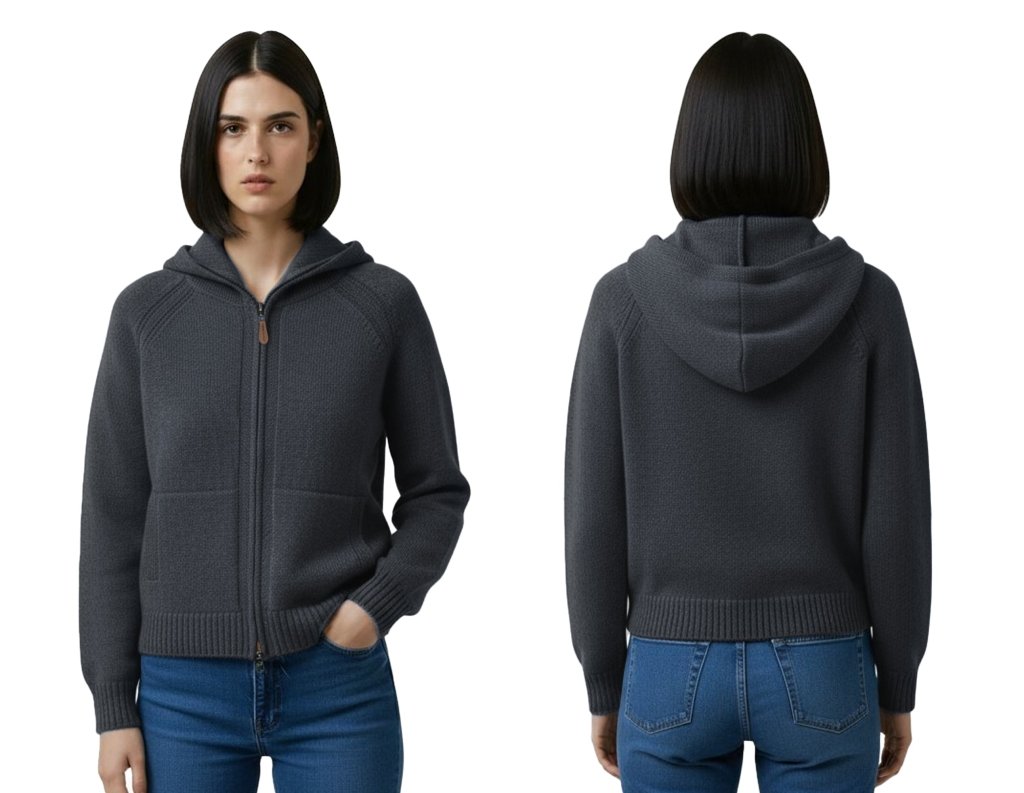 Cashmere Polo Club Claire Ladies Hooded Full Zip Cardigan with Aran Knit Front - 100% Cashmere - Fragrance London