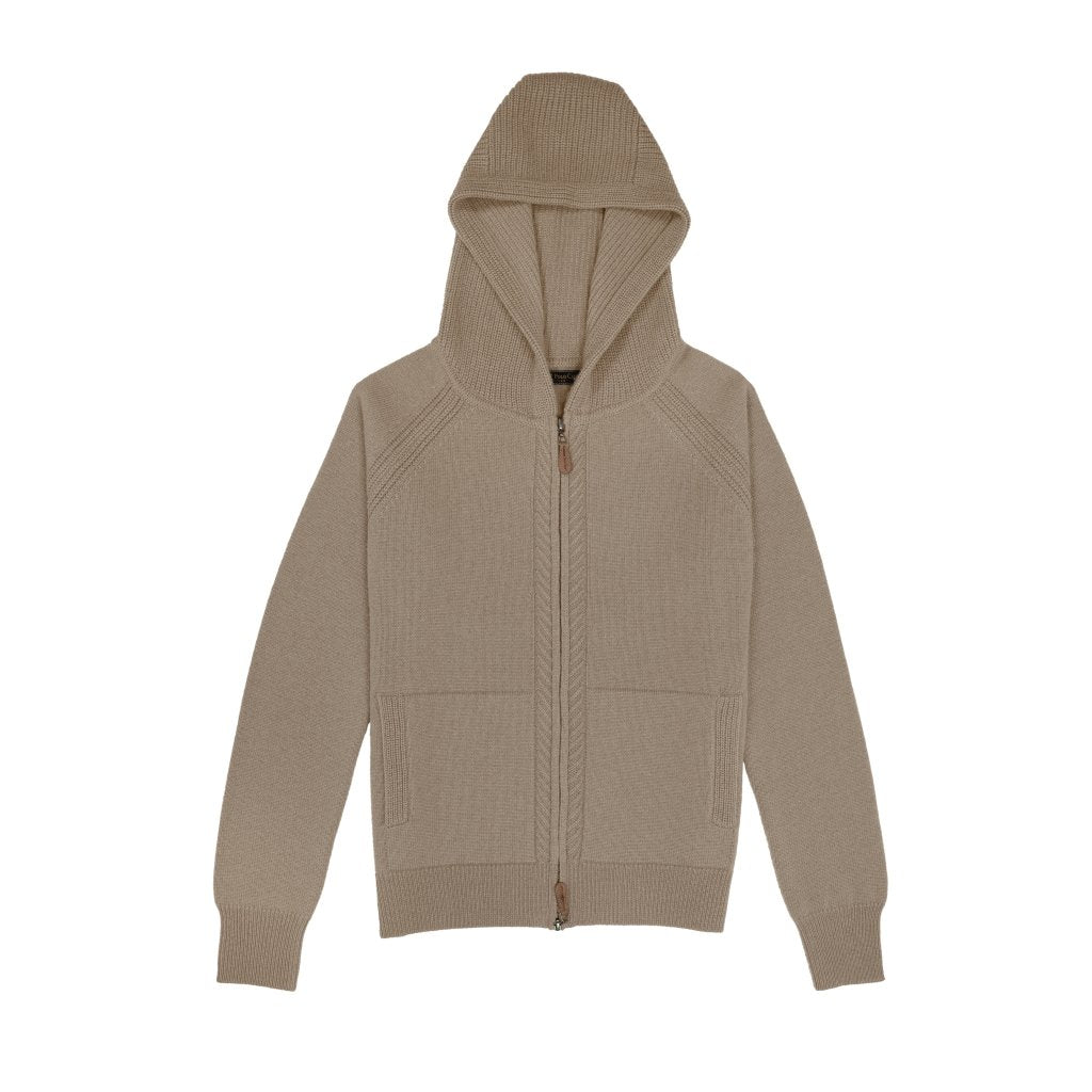 Cashmere Polo Club Claire Ladies Hooded Full Zip Cardigan with Aran Knit Front - 100% Cashmere - Fragrance London