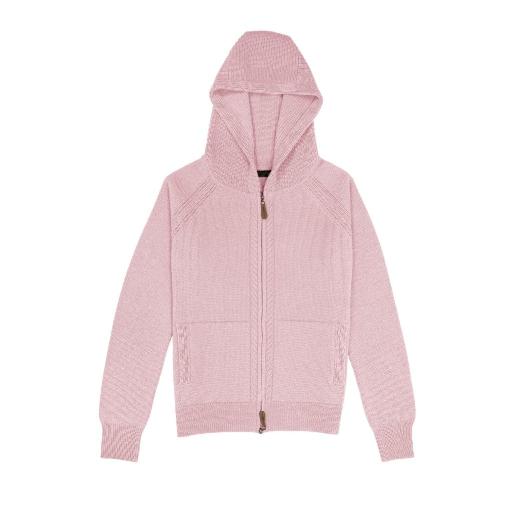 Cashmere Polo Club Claire Ladies Hooded Full Zip Cardigan with Aran Knit Front - 100% Cashmere - Fragrance London