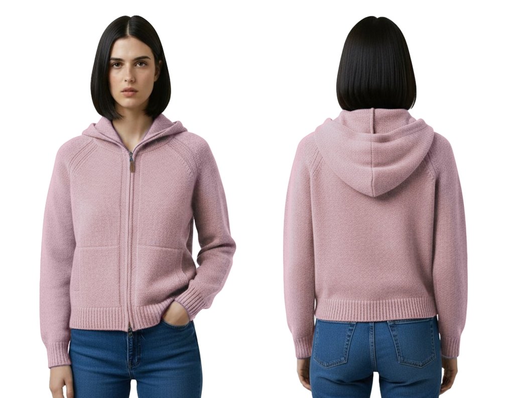 Cashmere Polo Club Claire Ladies Hooded Full Zip Cardigan with Aran Knit Front - 100% Cashmere - Fragrance London
