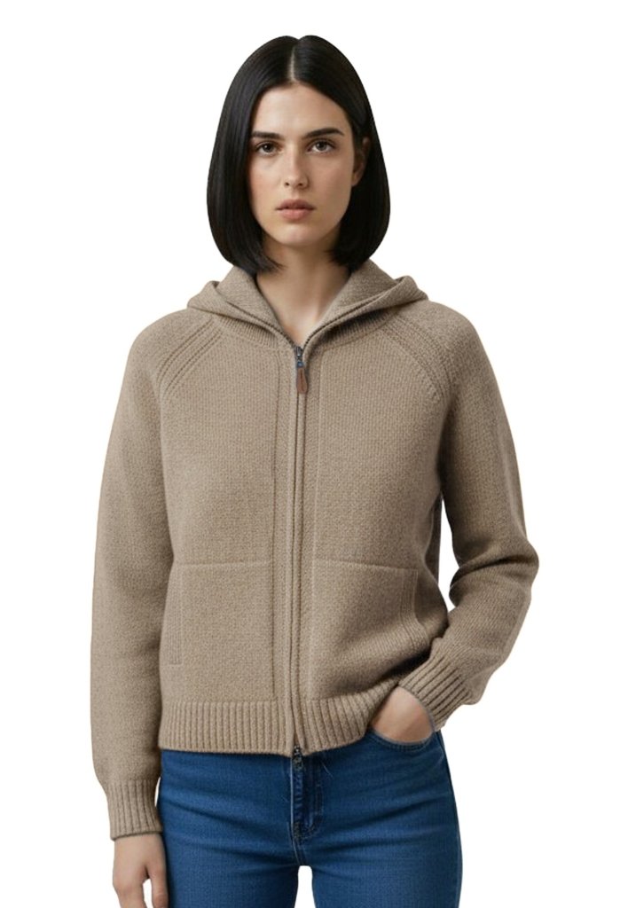 Cashmere Polo Club Claire Ladies Hooded Full Zip Cardigan with Aran Knit Front Eco Stone - 100% Cashmere - Fragrance London