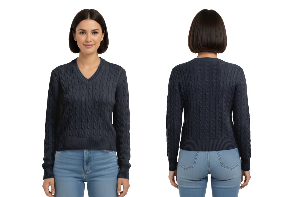 Cashmere Polo Club Larisa Ladies V - Neck Pullover Allover Cable Knit - 100% Cashmere - Fragrance London