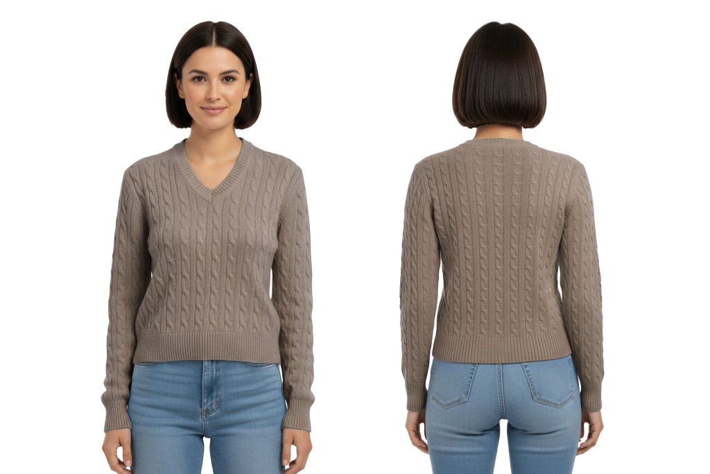Cashmere Polo Club Larisa Ladies V - Neck Pullover Allover Cable Knit - 100% Cashmere - Fragrance London