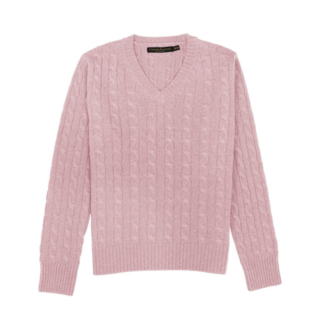 Cashmere Polo Club Larisa Ladies V - Neck Pullover Allover Cable Knit - 100% Cashmere - Fragrance London