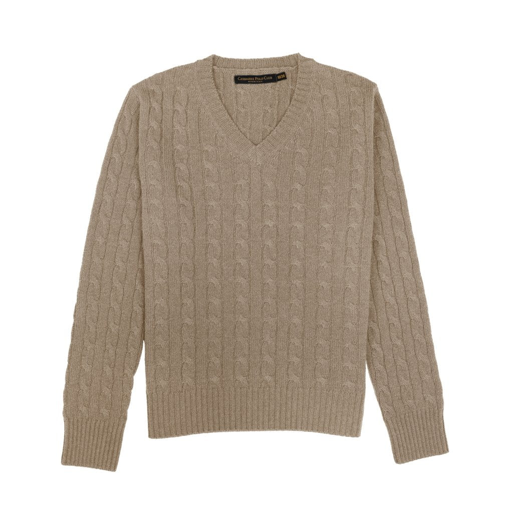 Cashmere Polo Club Larisa Ladies V - Neck Pullover Allover Cable Knit - 100% Cashmere - Fragrance London