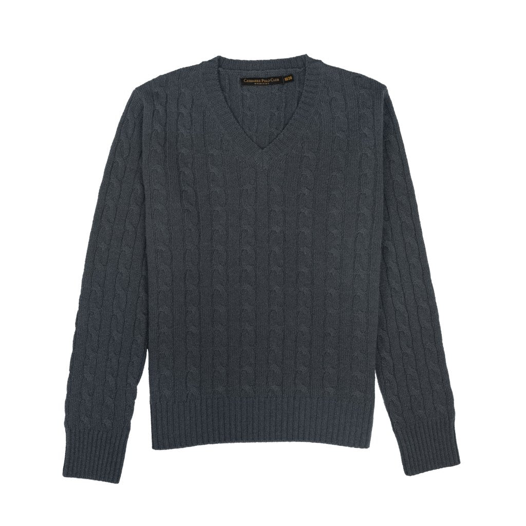 Cashmere Polo Club Larisa Ladies V - Neck Pullover Allover Cable Knit Charcoal - 100% Cashmere - Fragrance London