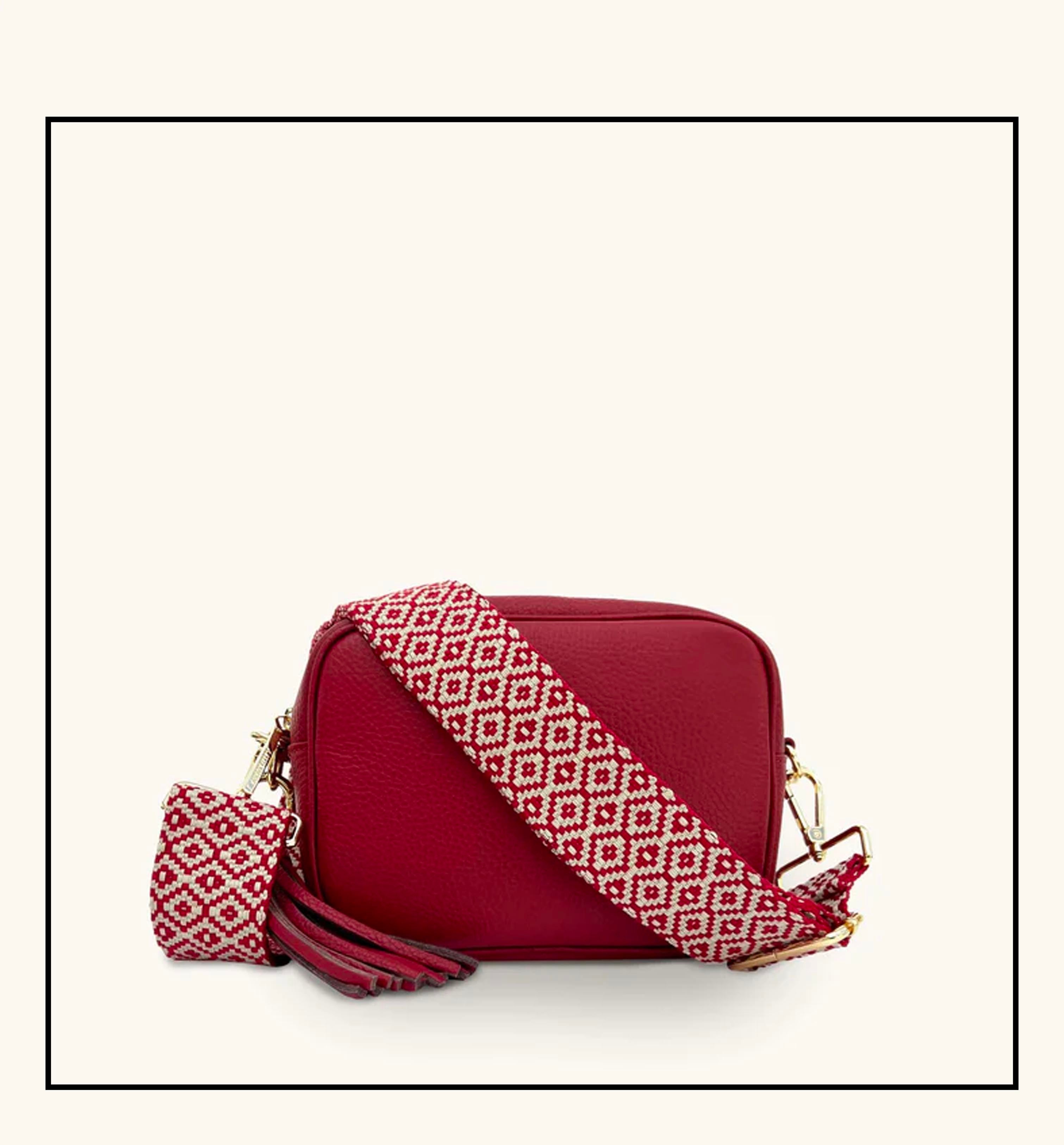 Apatchy London The Tassel Cherry  Leather Crossbody Bag With  Cross-Stitch Strap
