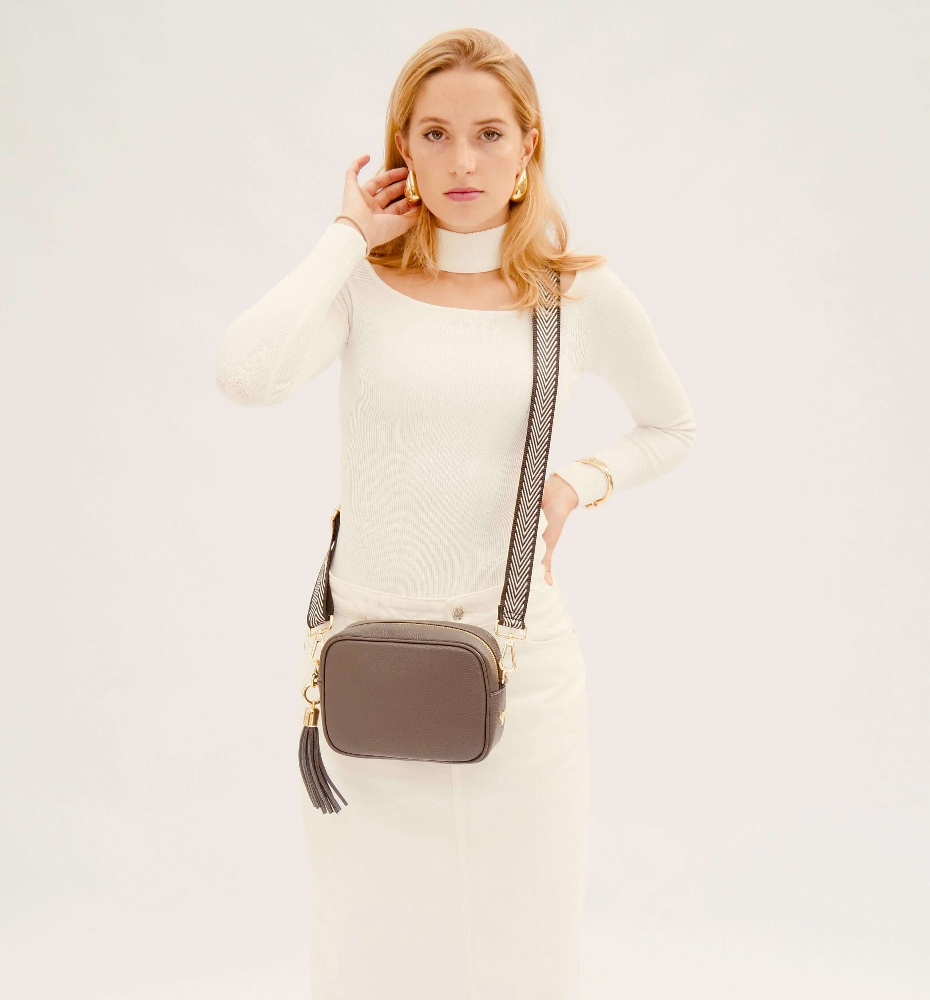 Apatchy London The Tassel  Leather Crossbody Bag With Black & Silver Chevron Strap