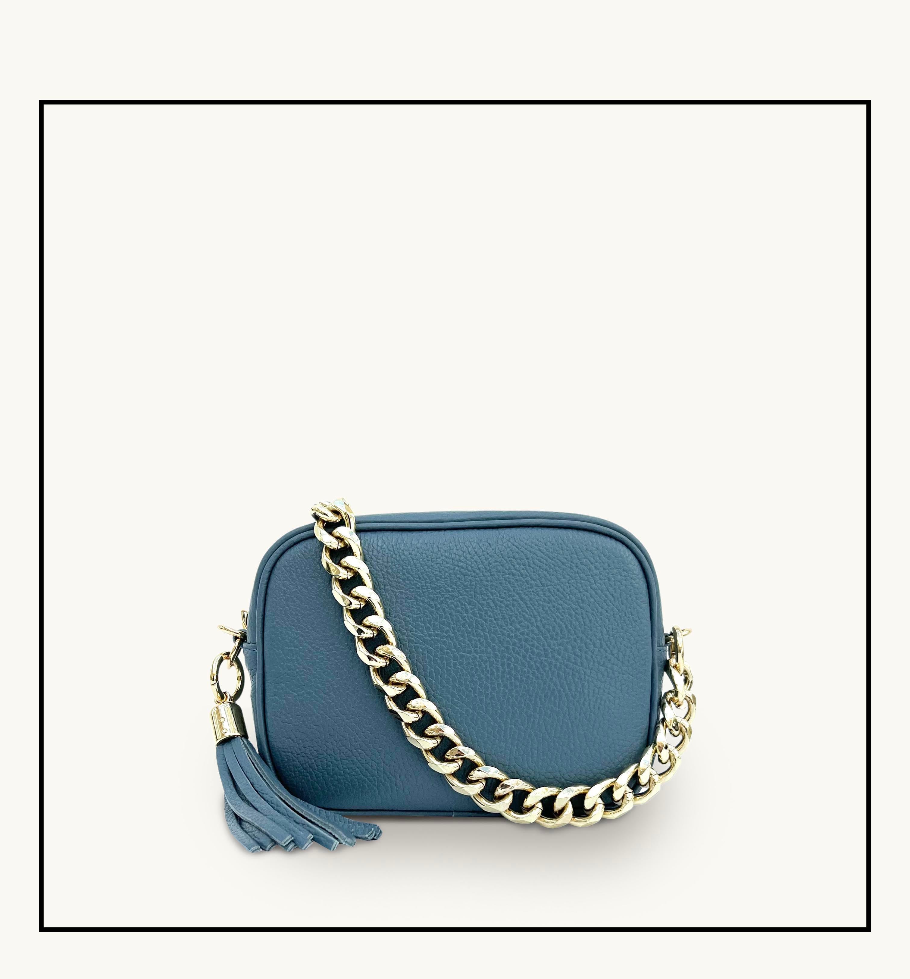 Apatchy London The Tassel Denim  Leather Crossbody Bag With Gold Chain Strap
