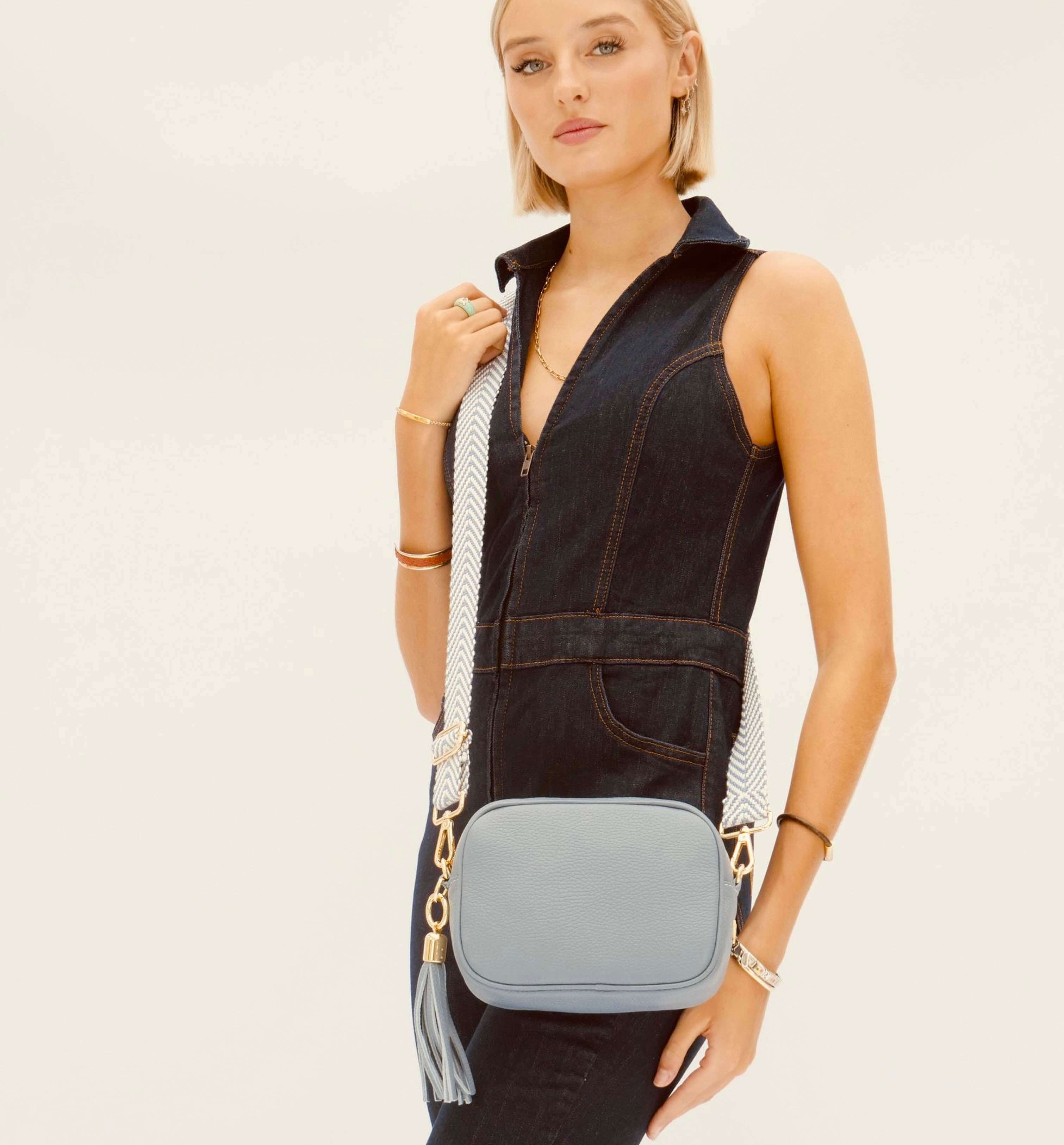 Apatchy London The Tassel Denim  Leather Crossbody Bag With Denim  Chevron Strap