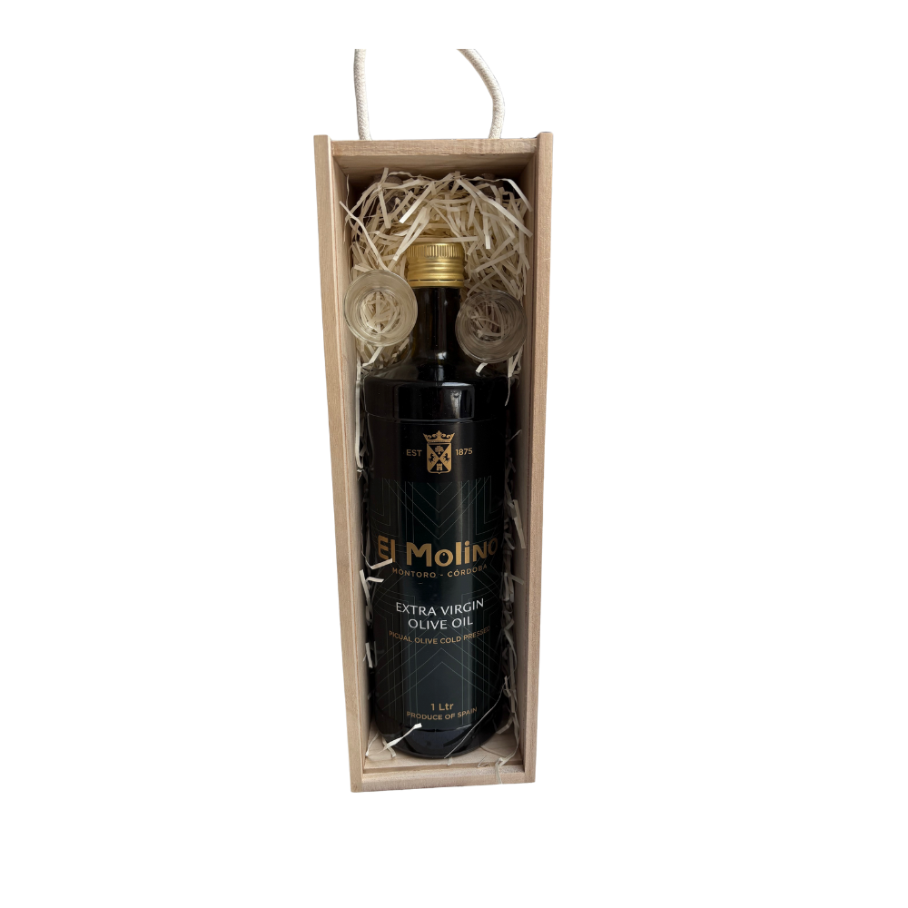 El Molino Extra Virgin Olive Oil 1L Cold Pressed Picual Olives Gift Set with 2 shot Glasses