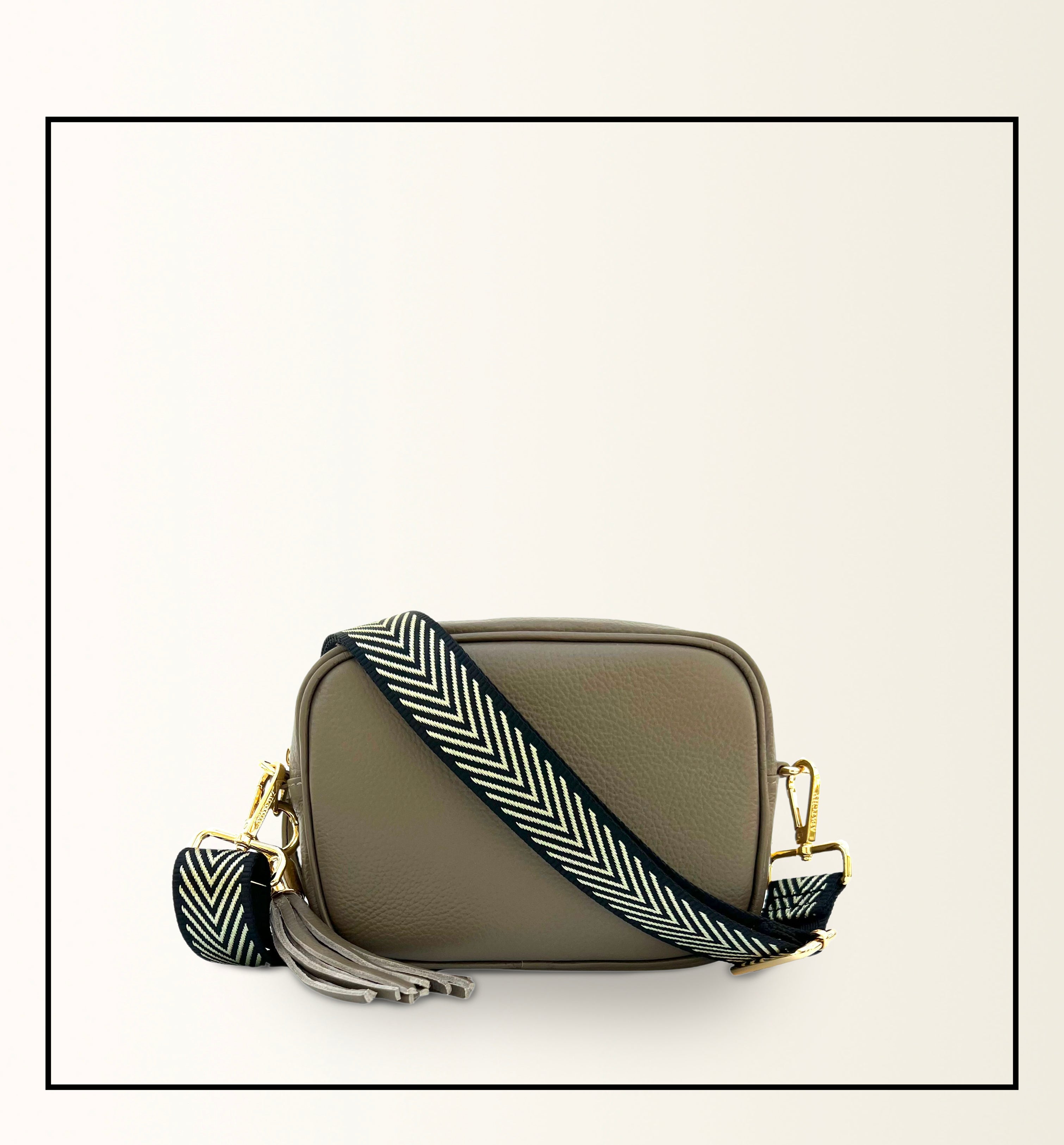 Apatchy London The Tassel Latte Leather Crossbody Bag With Black & Gold Chevron Strap
