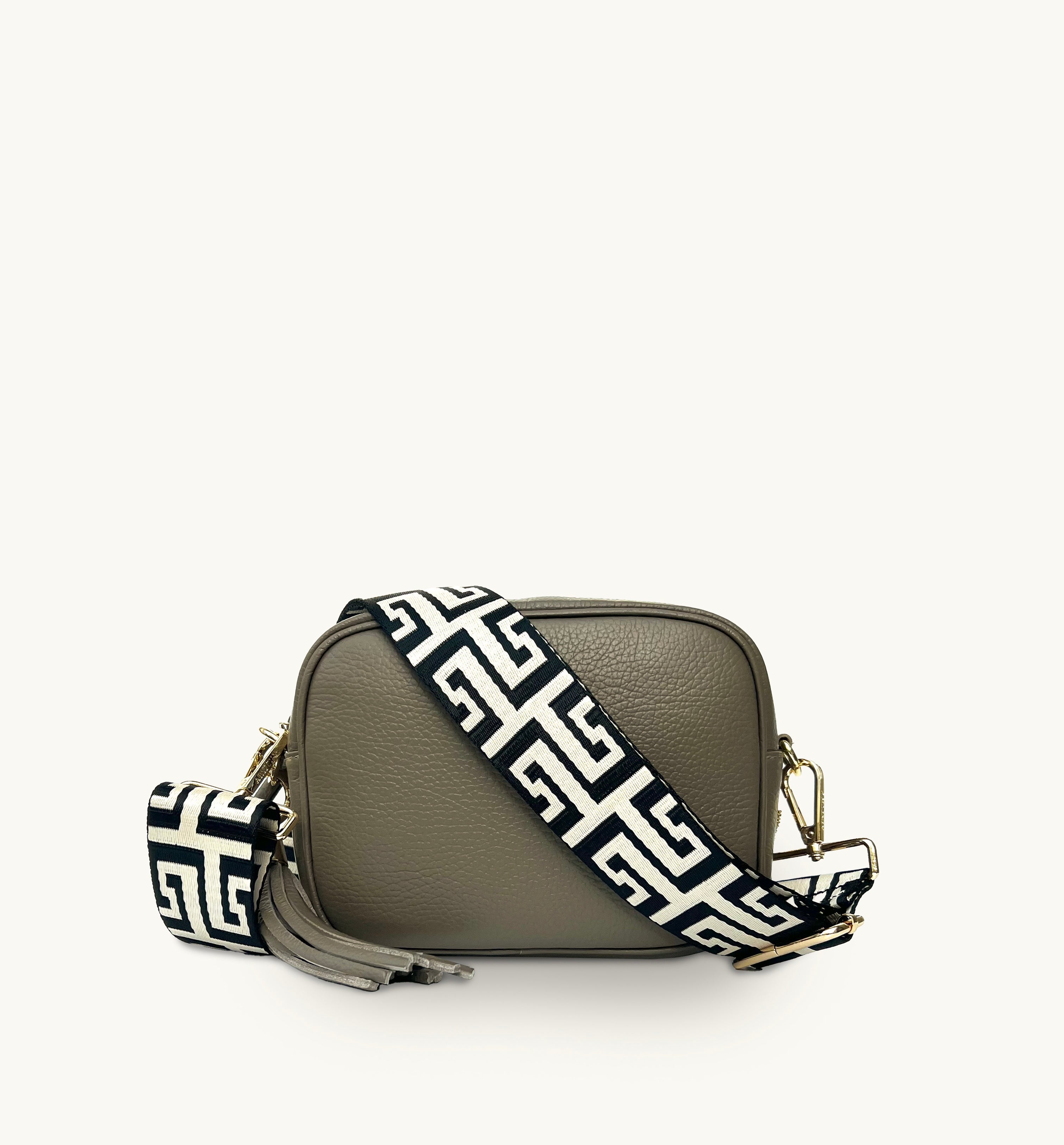 Apatchy London The Tassel Latte Leather Crossbody Bag With Black & Stone Maze Strap