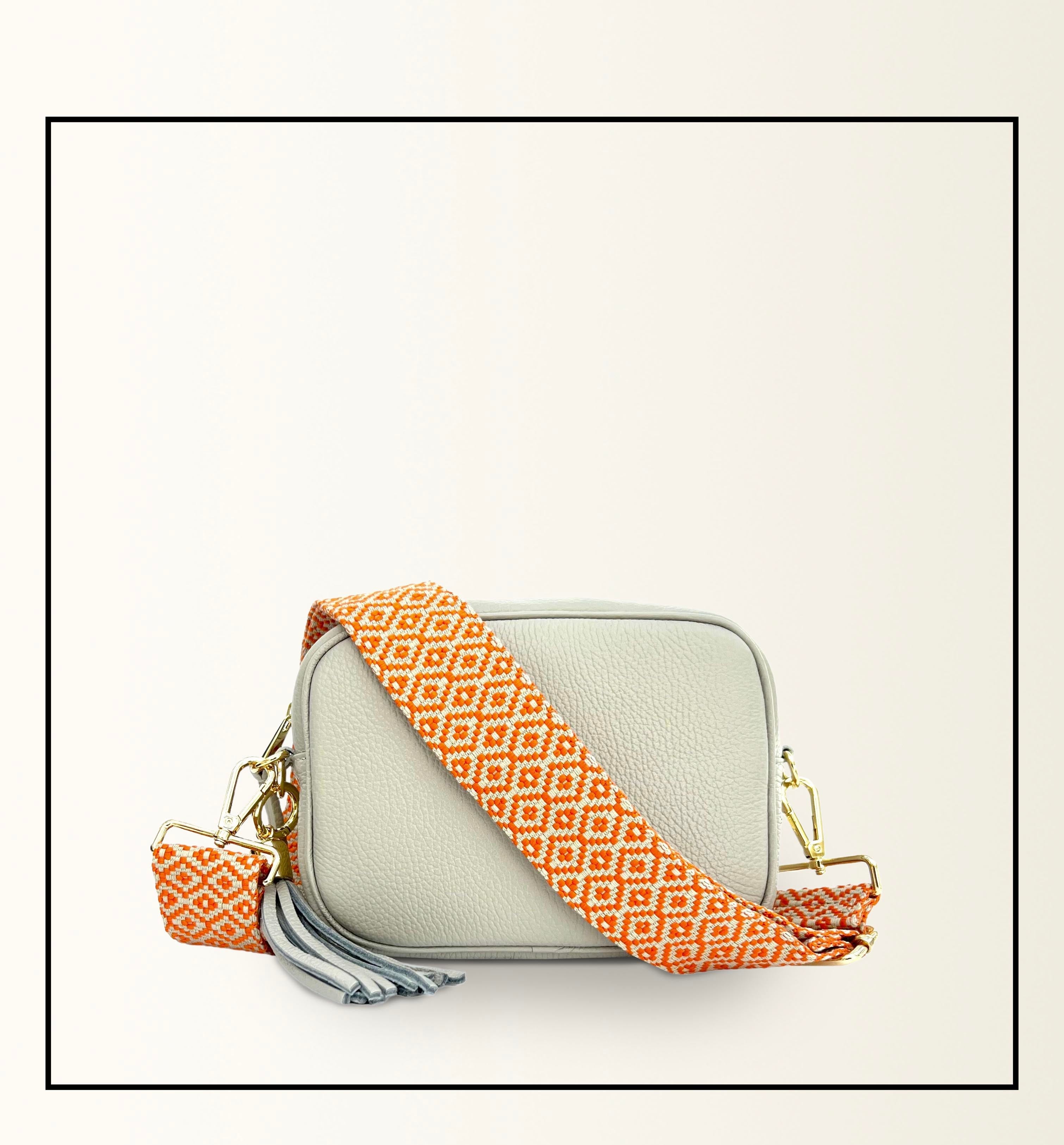 Apatchy London The Tassel Stone Leather Crossbody Bag With Orange Cross-Stitch Strap