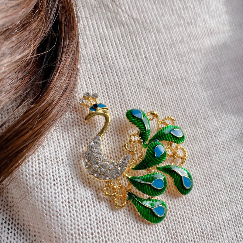 QueenMee Peacock Brooch with Enamel and Crystal