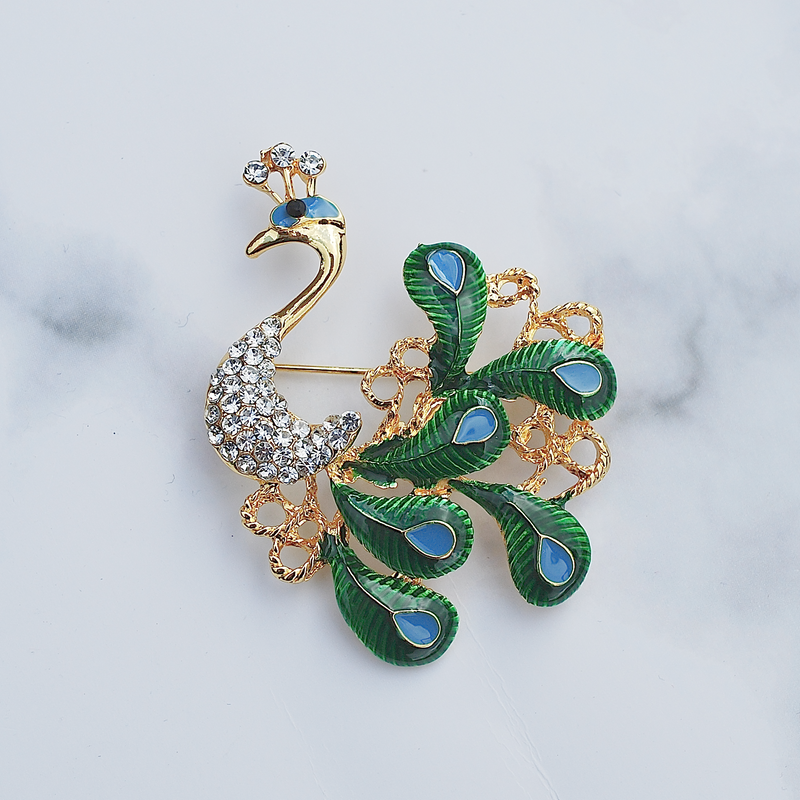 QueenMee Peacock Brooch with Enamel and Crystal