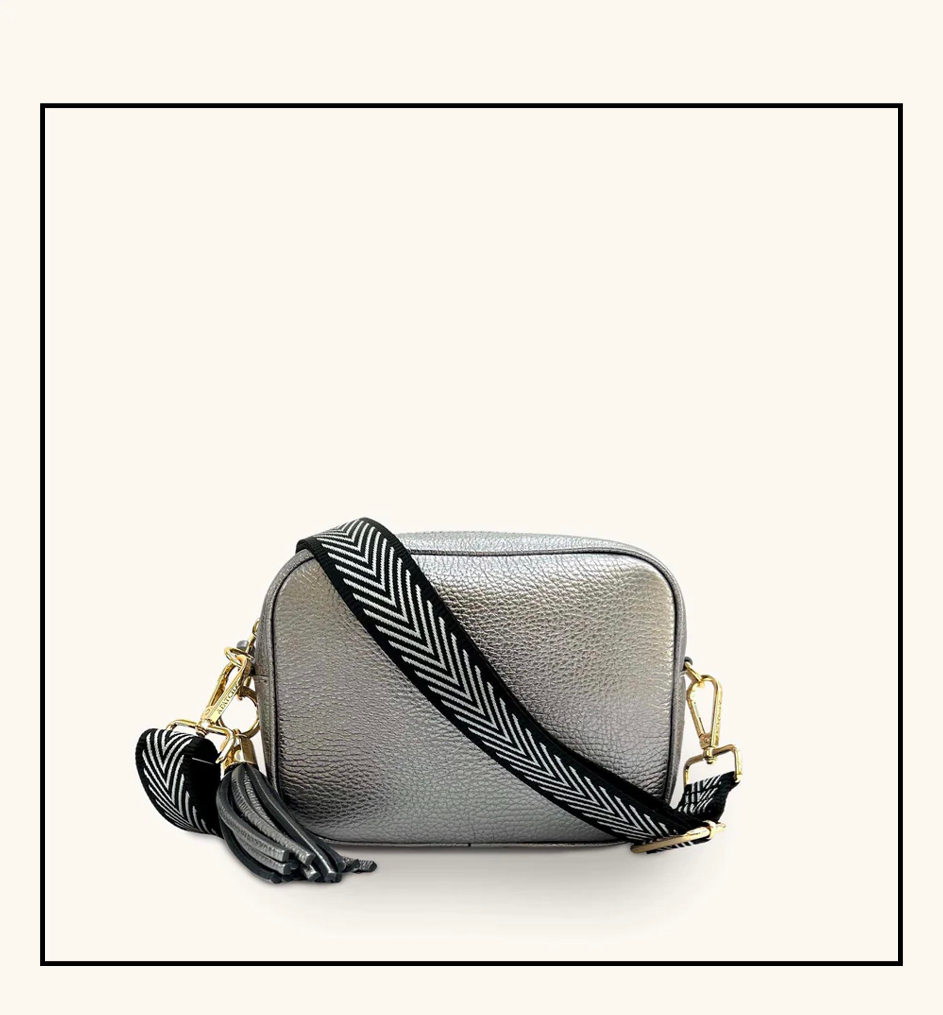 Apatchy London The Tassel  Leather Crossbody Bag With Black & Silver Chevron Strap