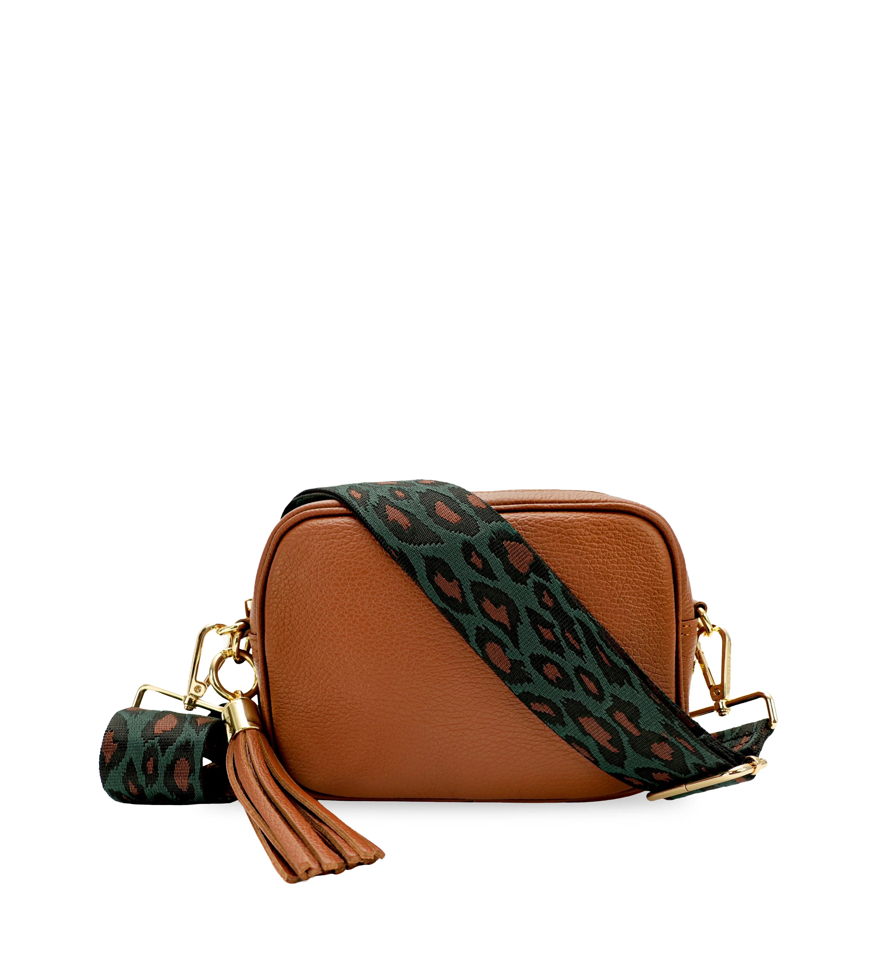 Apatchy London The Tassel Tan Leather Crossbody Bag With Teal Cheetah Strap